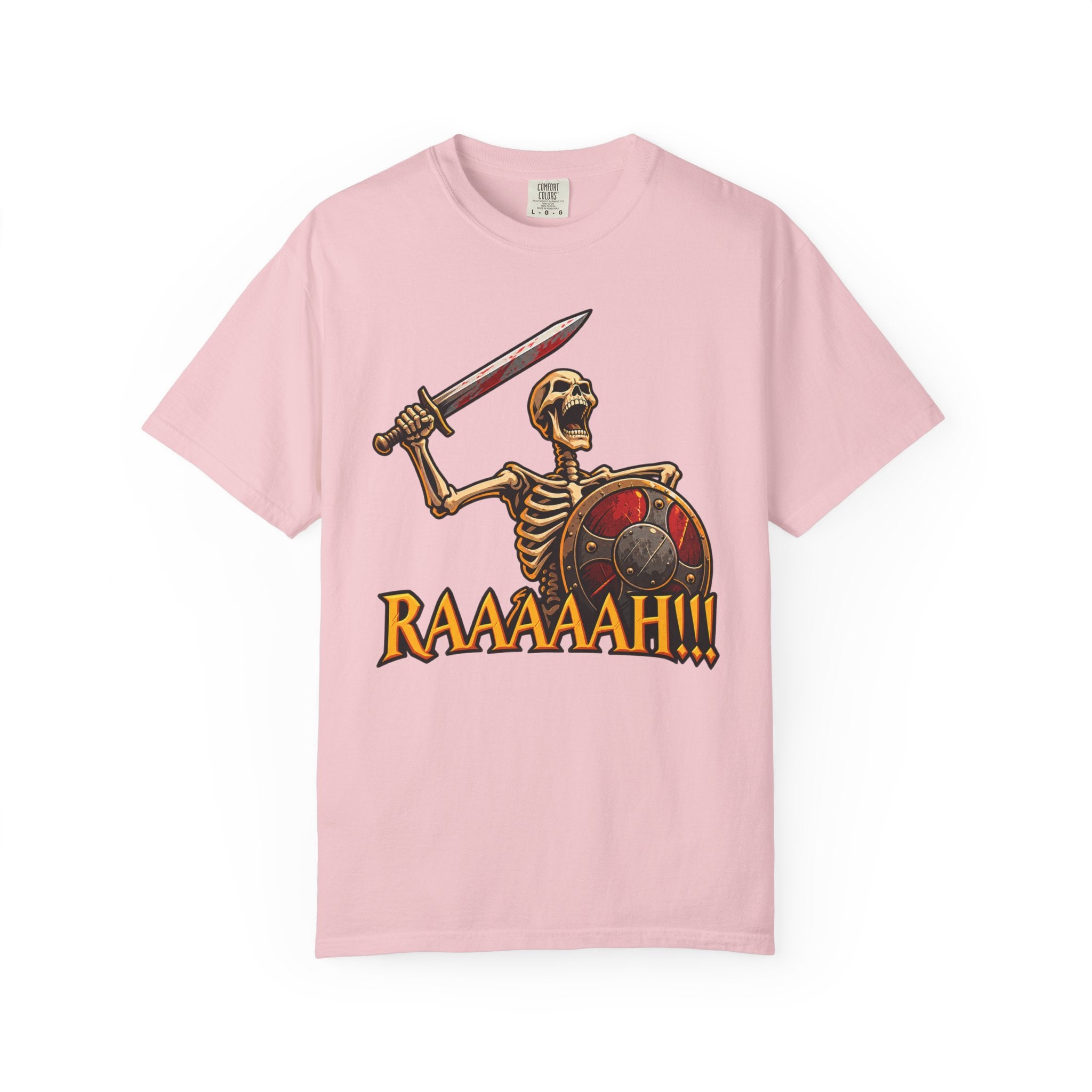 Skeleton Warrior T-Shirt — "RAAAAAH!!!" Sword & Shield Graphic