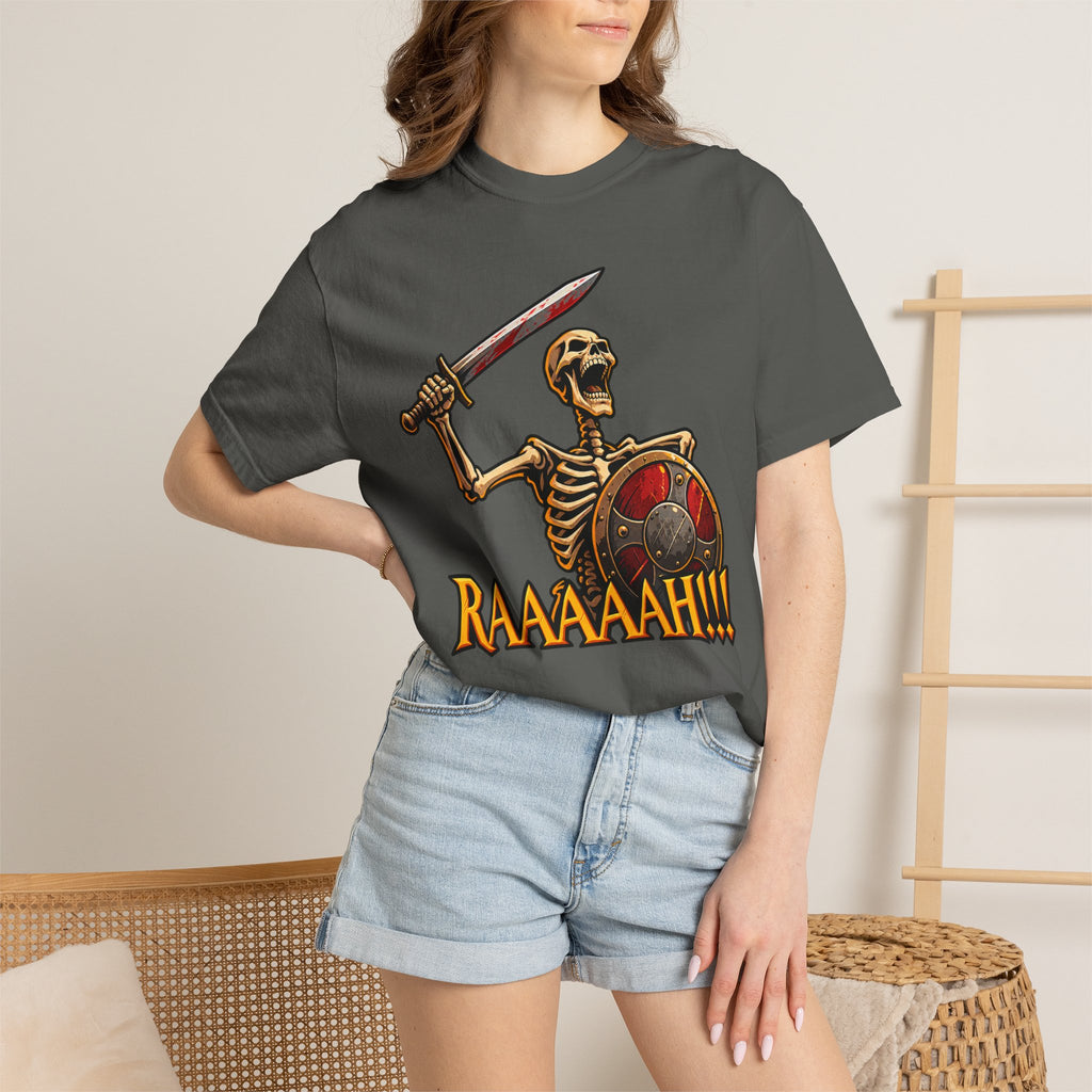 Skeleton Warrior T-Shirt — "RAAAAAH!!!" Sword & Shield Graphic