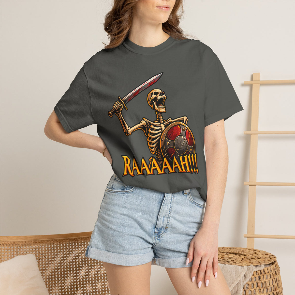 Skeleton Warrior T-Shirt — "RAAAAAH!!!" Sword & Shield Graphic