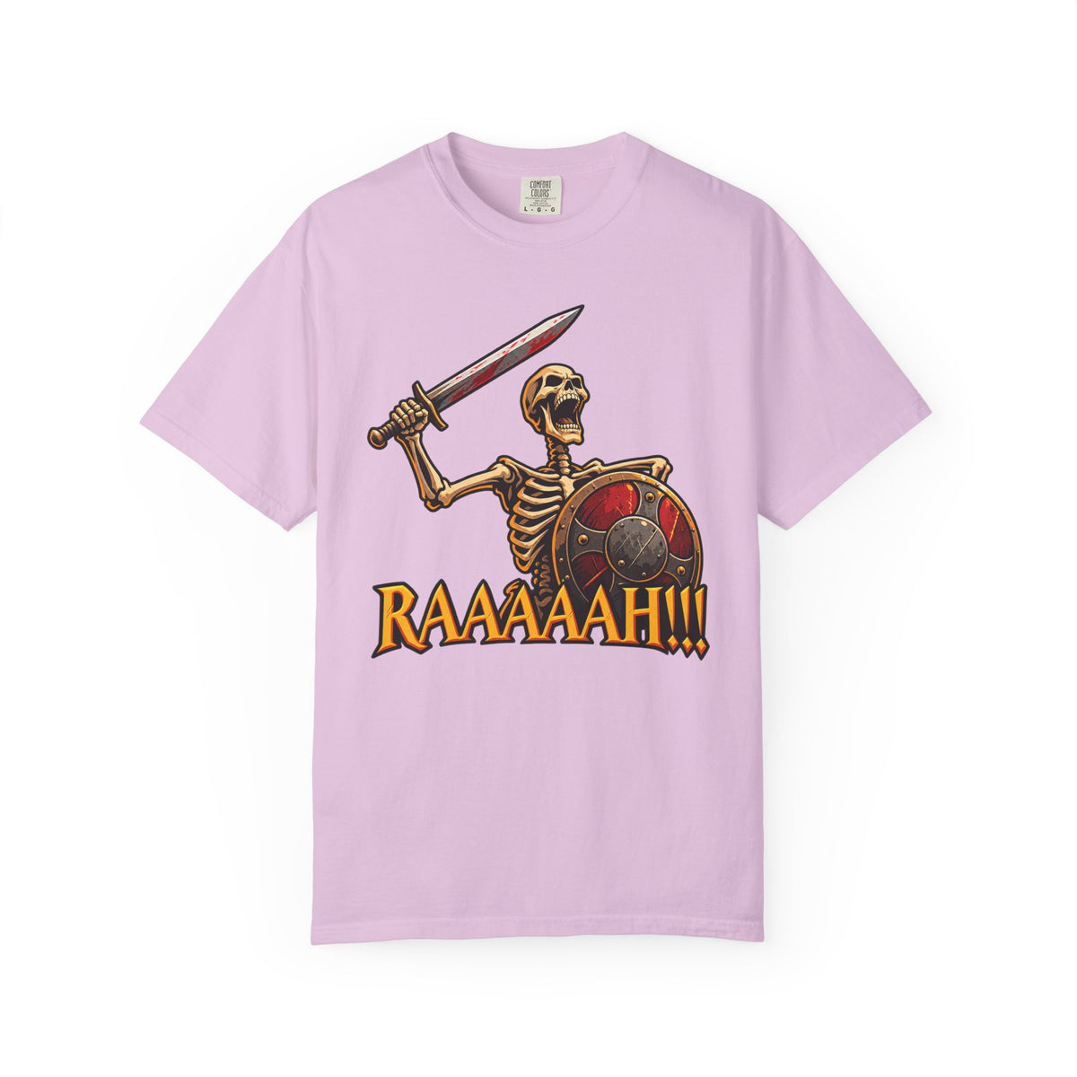 Skeleton Warrior T-Shirt — "RAAAAAH!!!" Sword & Shield Graphic