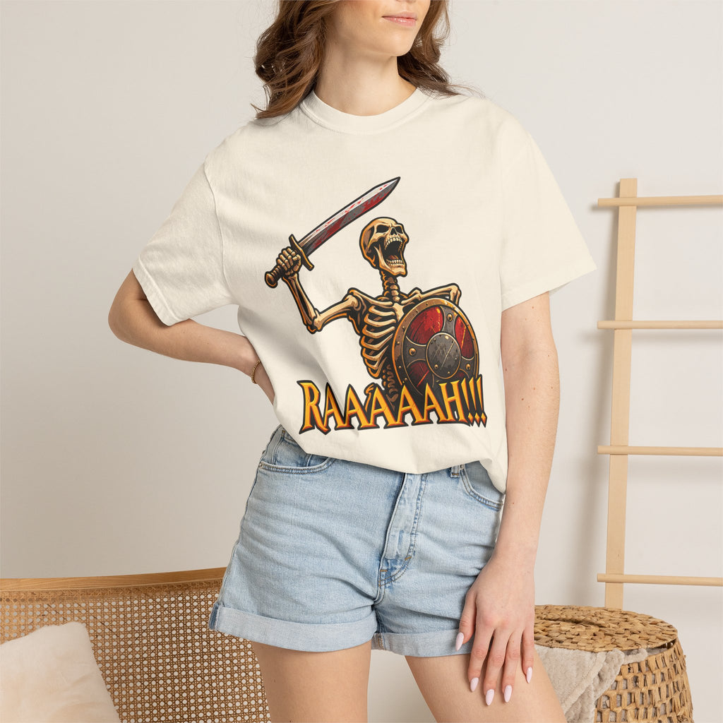 Skeleton Warrior T-Shirt — "RAAAAAH!!!" Sword & Shield Graphic
