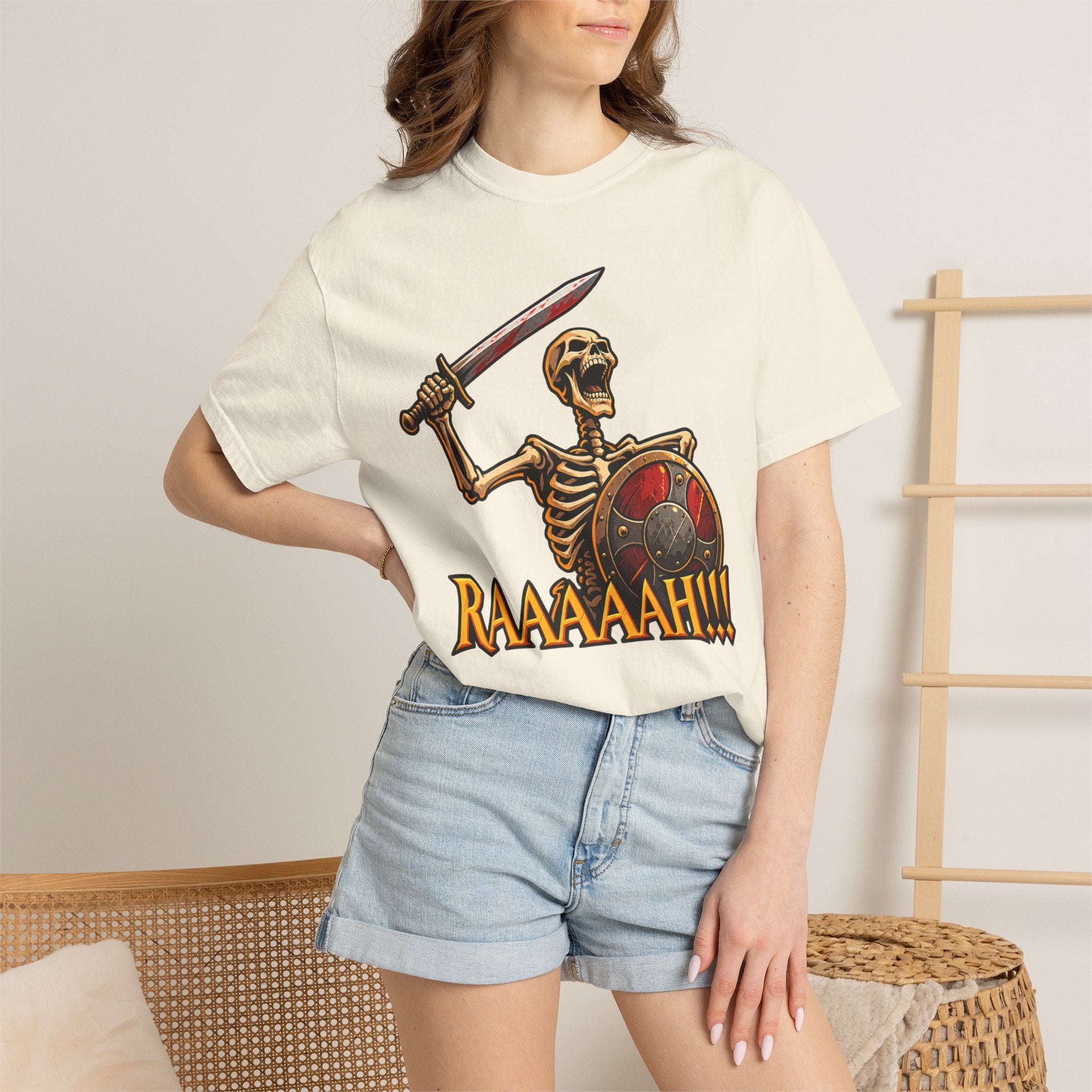 Skeleton Warrior T-Shirt — "RAAAAAH!!!" Sword & Shield Graphic