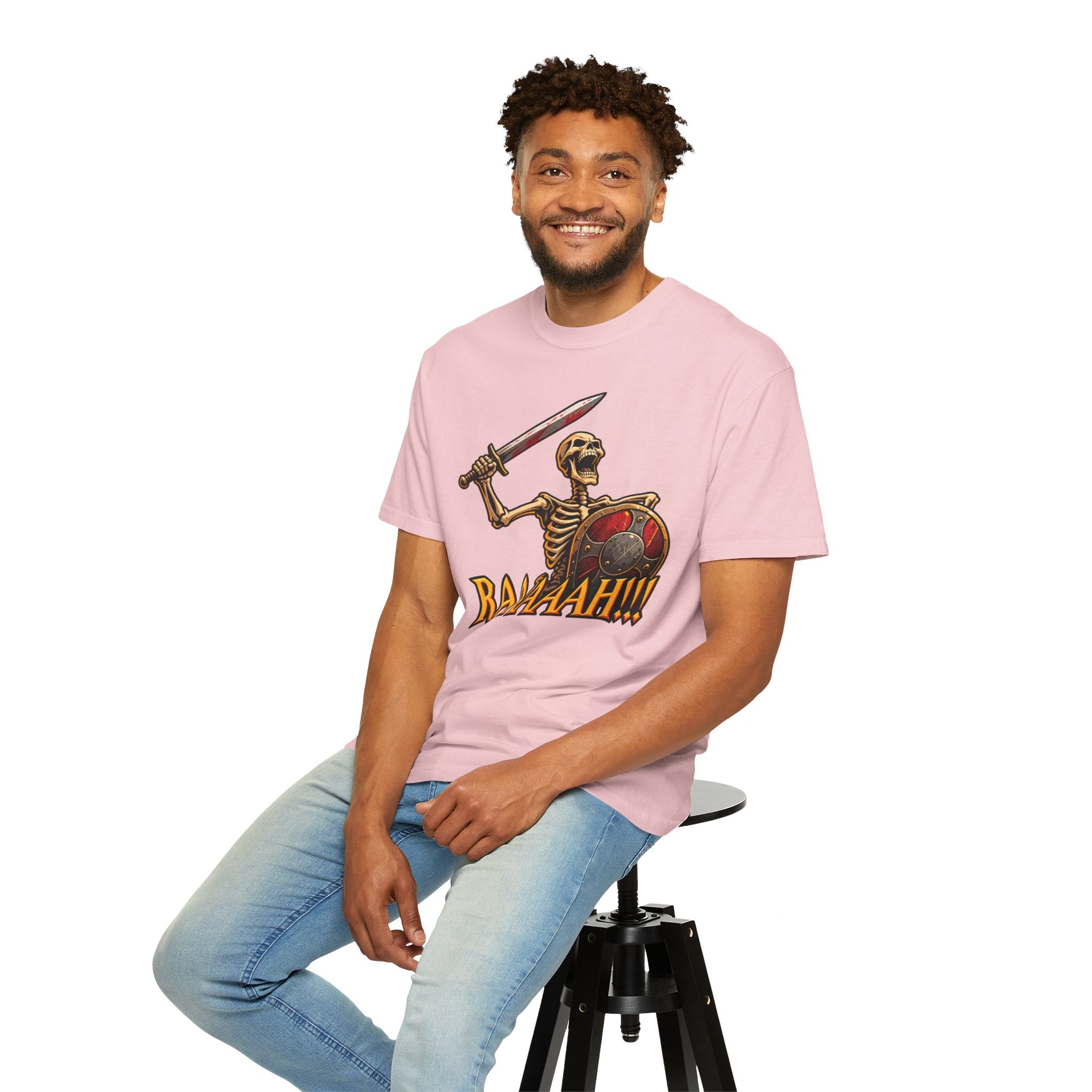Skeleton Warrior T-Shirt — "RAAAAAH!!!" Sword & Shield Graphic