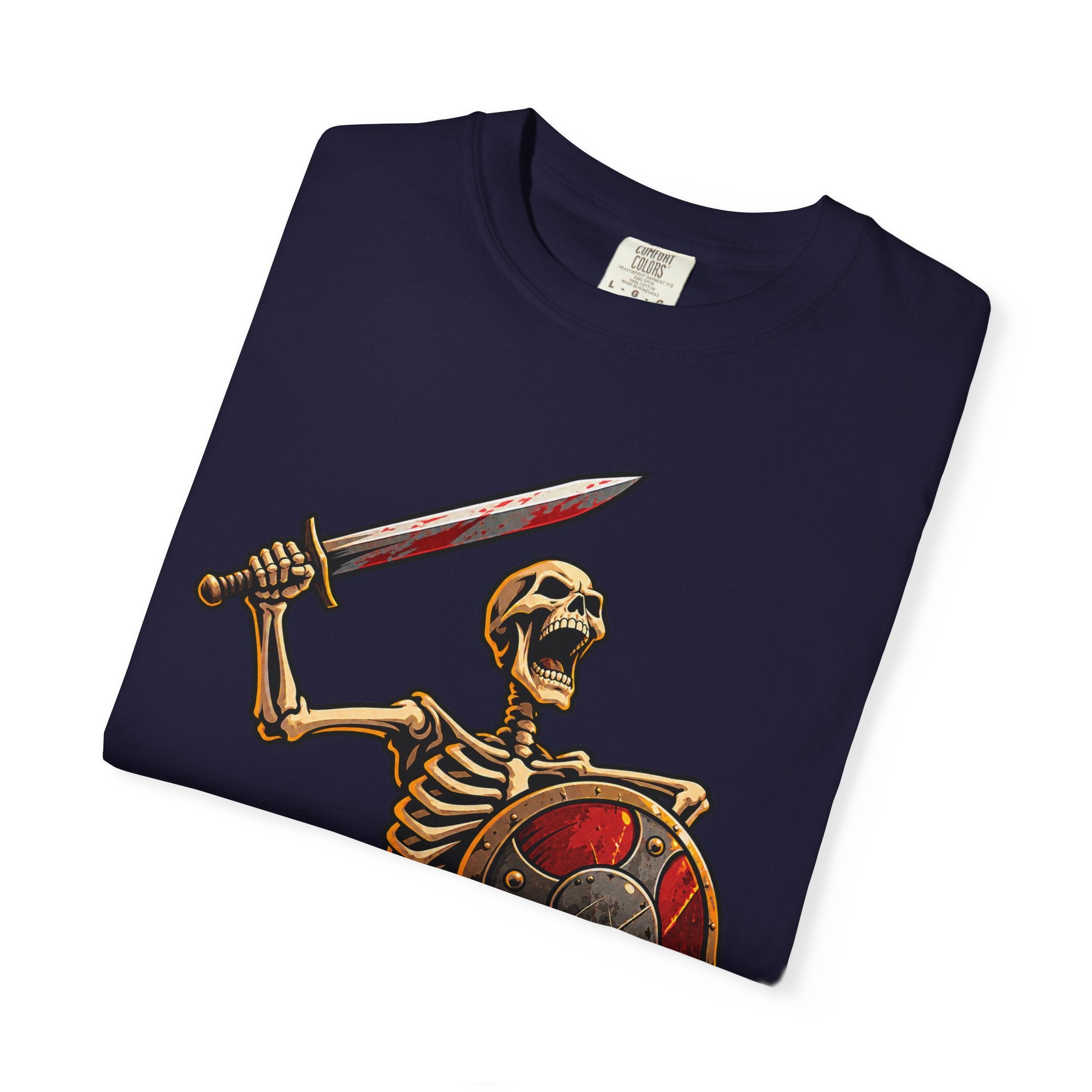 Skeleton Warrior T-Shirt — "RAAAAAH!!!" Sword & Shield Graphic