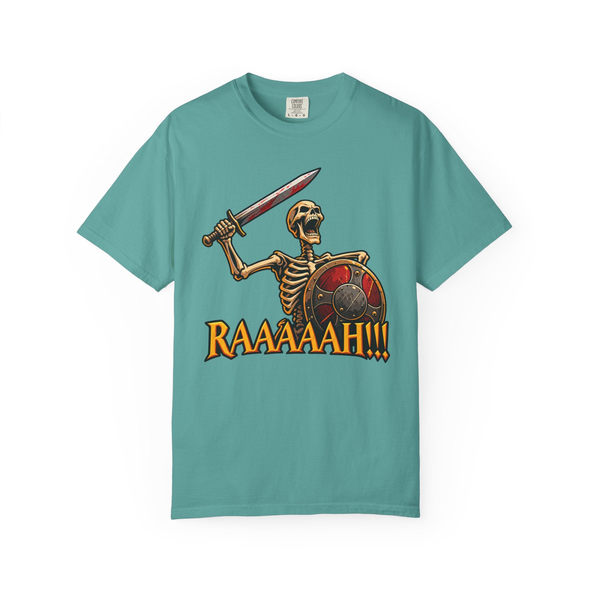 Skeleton Warrior T-Shirt — "RAAAAAH!!!" Sword & Shield Graphic