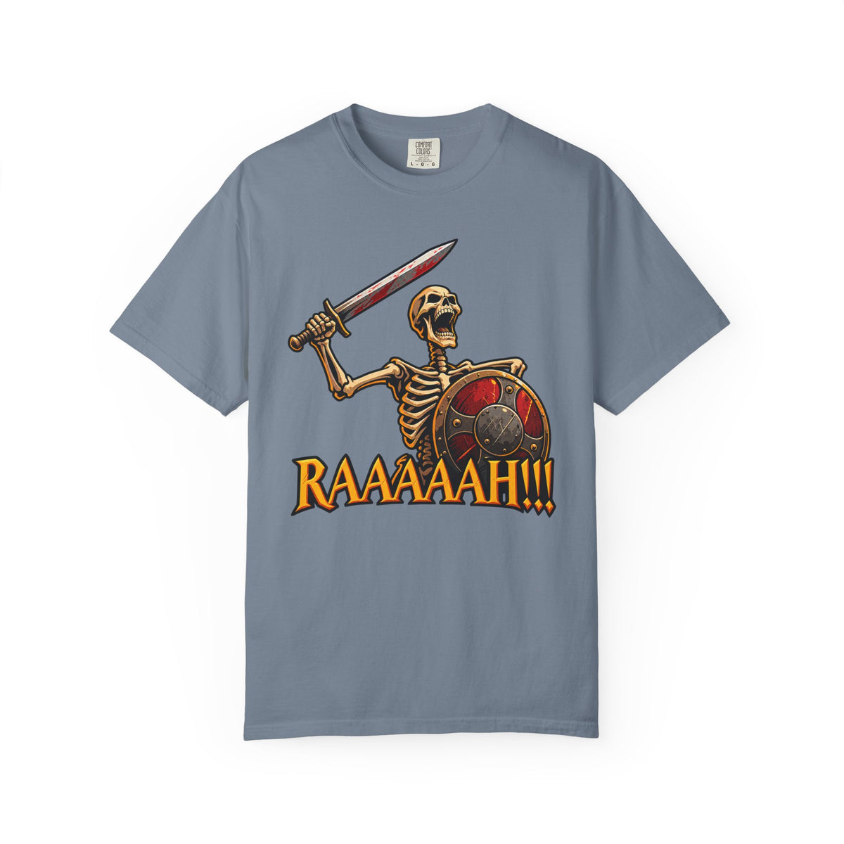 Skeleton Warrior T-Shirt — "RAAAAAH!!!" Sword & Shield Graphic