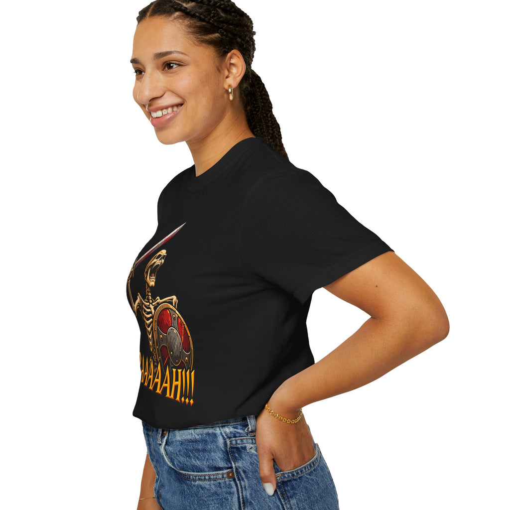 Skeleton Warrior T-Shirt — "RAAAAAH!!!" Sword & Shield Graphic