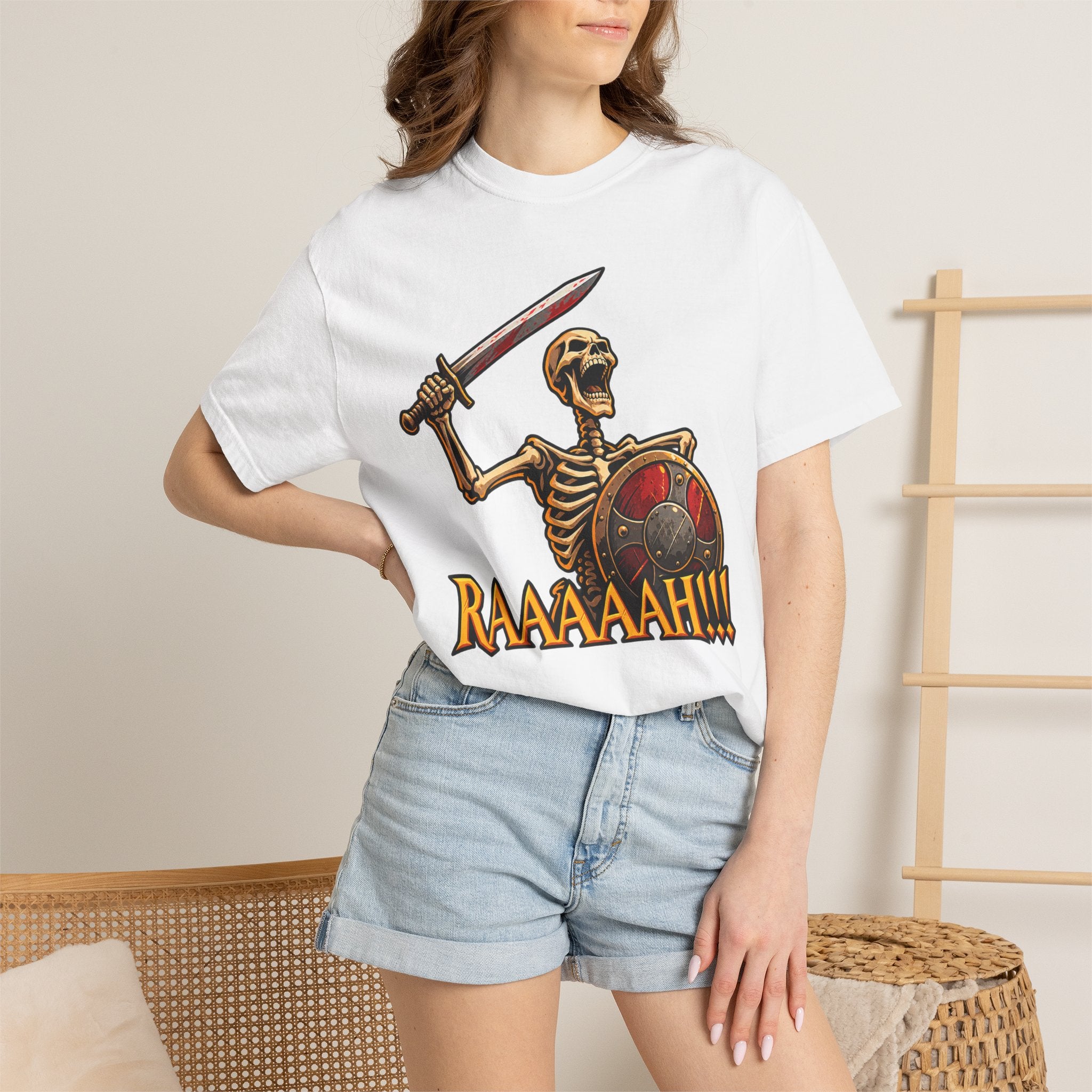 Skeleton Warrior T-Shirt — "RAAAAAH!!!" Sword & Shield Graphic