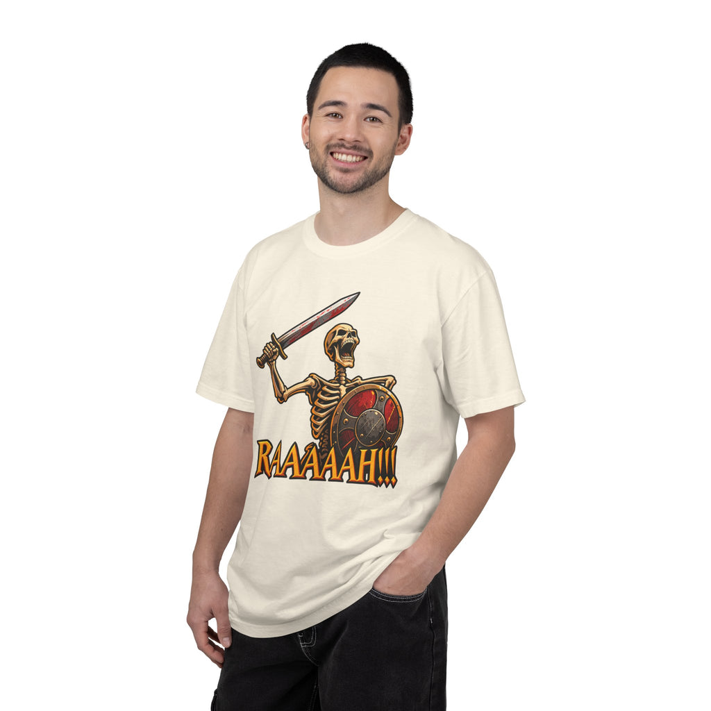 Skeleton Warrior T-Shirt — "RAAAAAH!!!" Sword & Shield Graphic