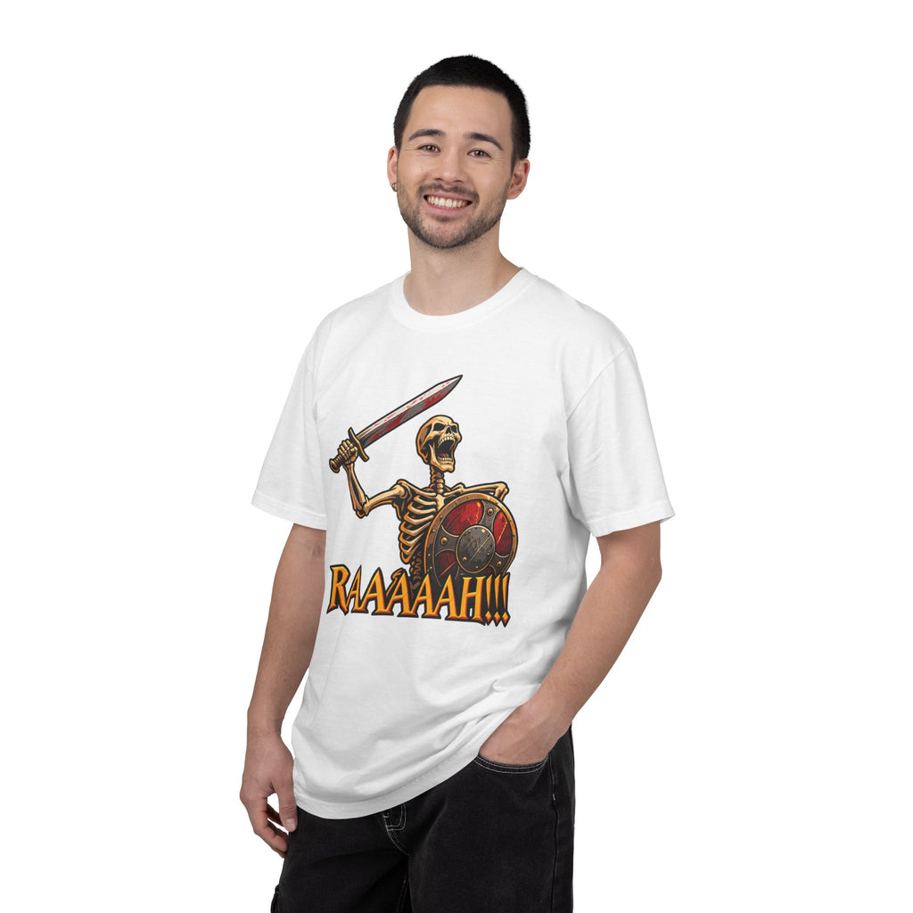 Skeleton Warrior T-Shirt — "RAAAAAH!!!" Sword & Shield Graphic