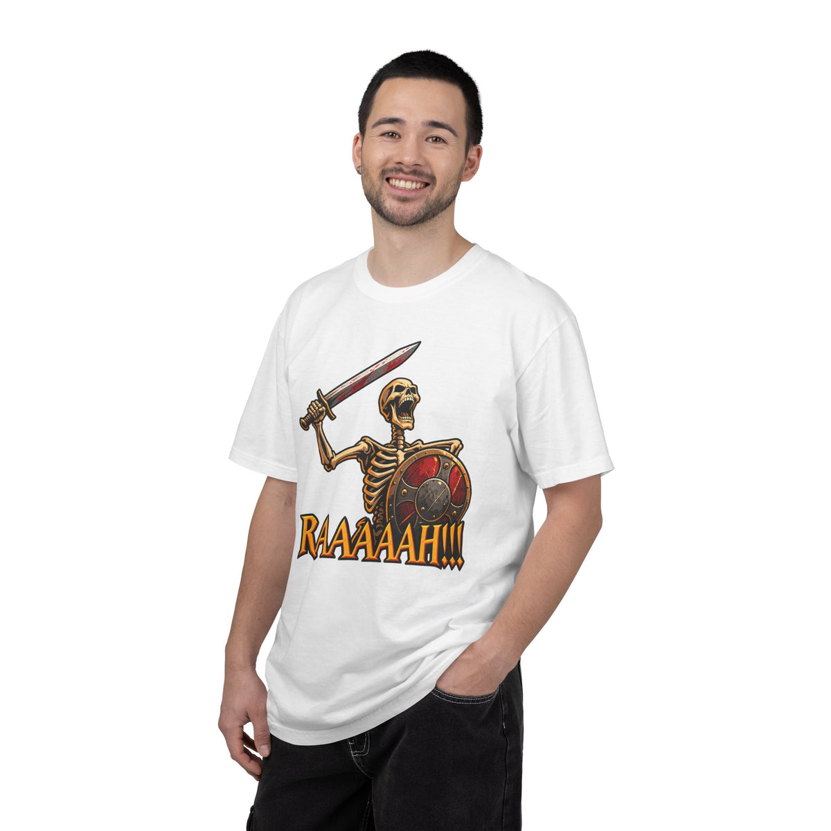 Skeleton Warrior T-Shirt — "RAAAAAH!!!" Sword & Shield Graphic