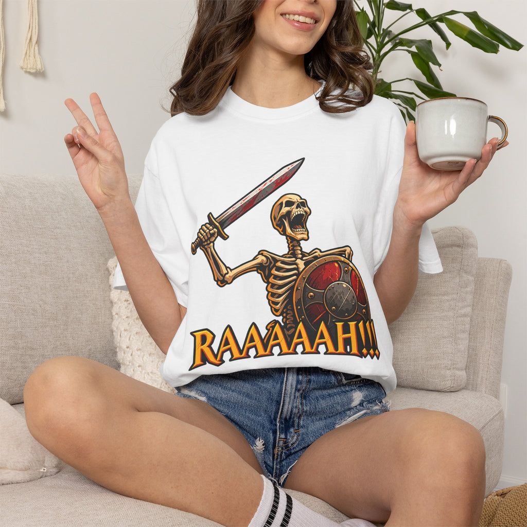 Skeleton Warrior T-Shirt — "RAAAAAH!!!" Sword & Shield Graphic
