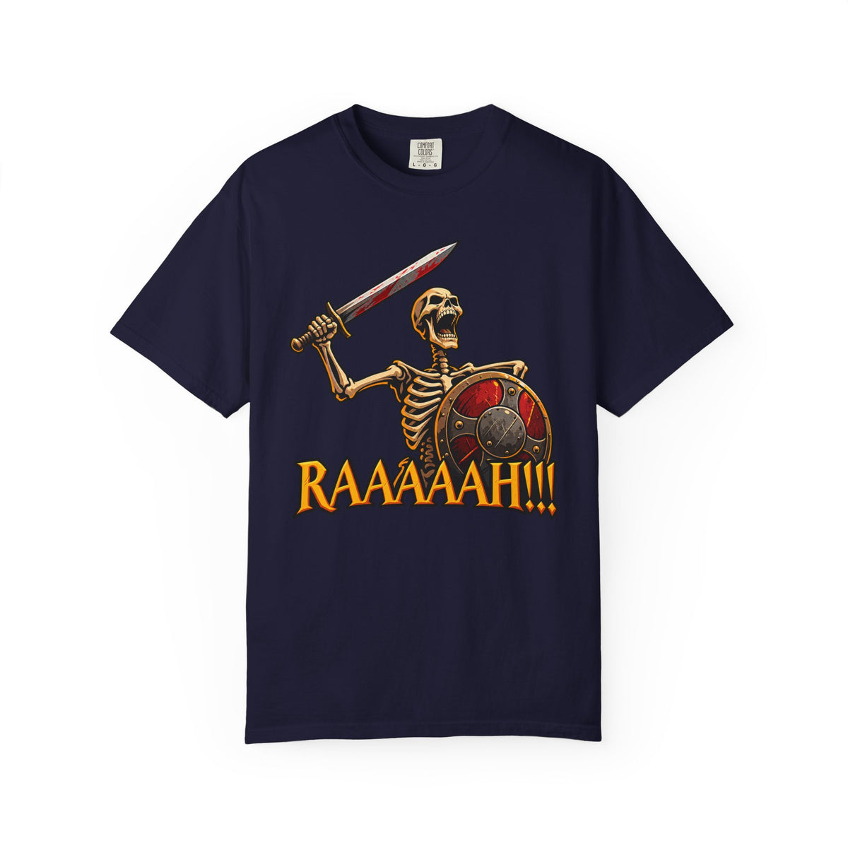 Skeleton Warrior T-Shirt — "RAAAAAH!!!" Sword & Shield Graphic