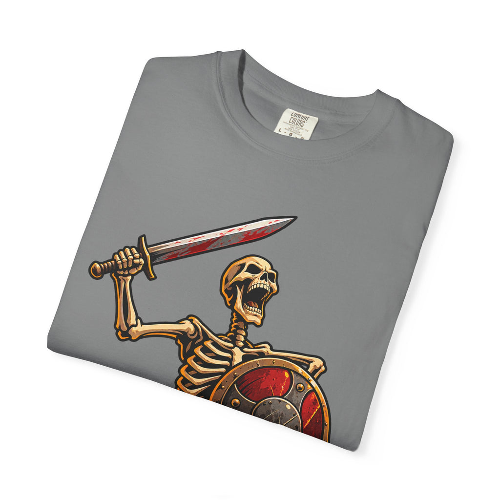 Skeleton Warrior T-Shirt — "RAAAAAH!!!" Sword & Shield Graphic