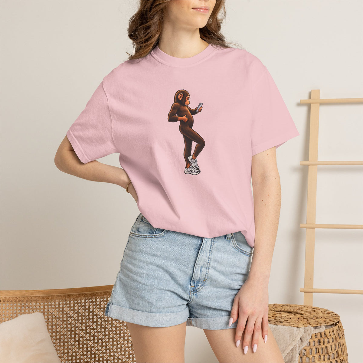 Little Monkey Holding Phone Graphic T-Shirt