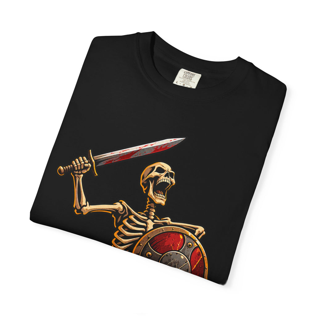 Skeleton Warrior T-Shirt — "RAAAAAH!!!" Sword & Shield Graphic
