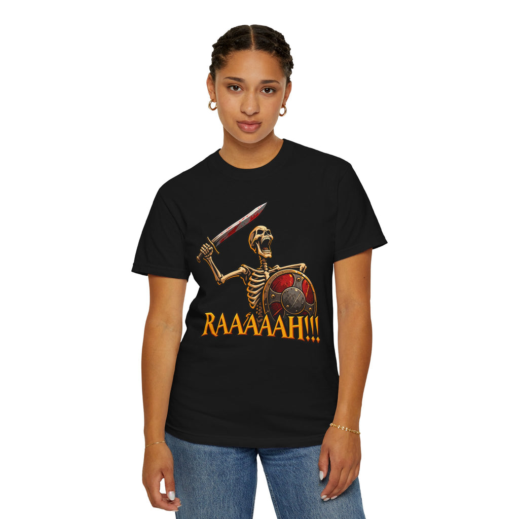 Skeleton Warrior T-Shirt — "RAAAAAH!!!" Sword & Shield Graphic