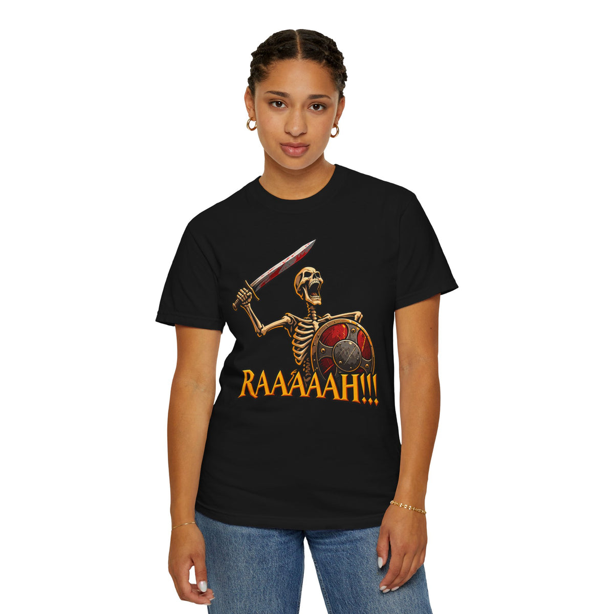 Skeleton Warrior T-Shirt — "RAAAAAH!!!" Sword & Shield Graphic