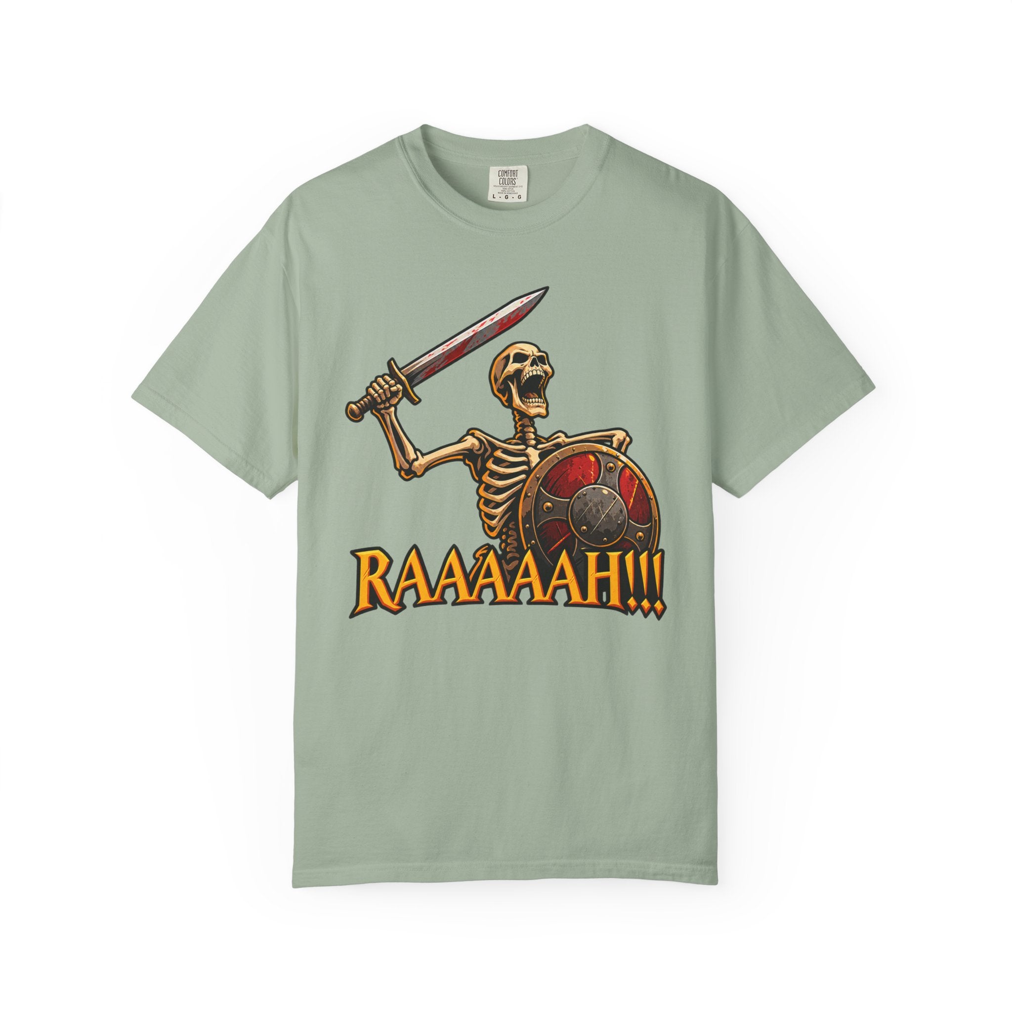 Skeleton Warrior T-Shirt — "RAAAAAH!!!" Sword & Shield Graphic
