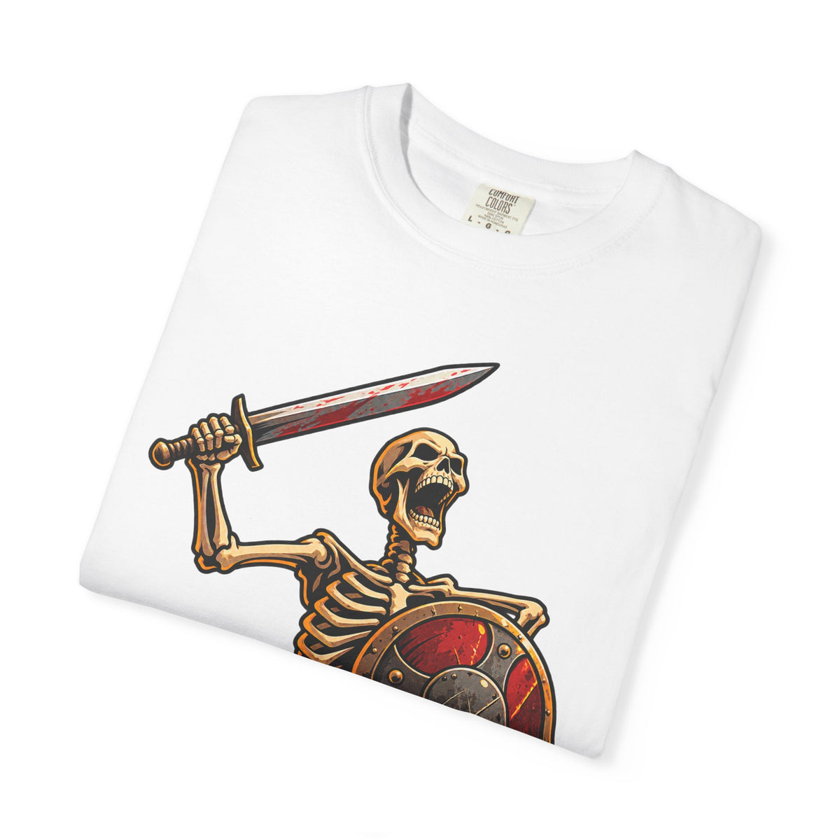 Skeleton Warrior T-Shirt — "RAAAAAH!!!" Sword & Shield Graphic