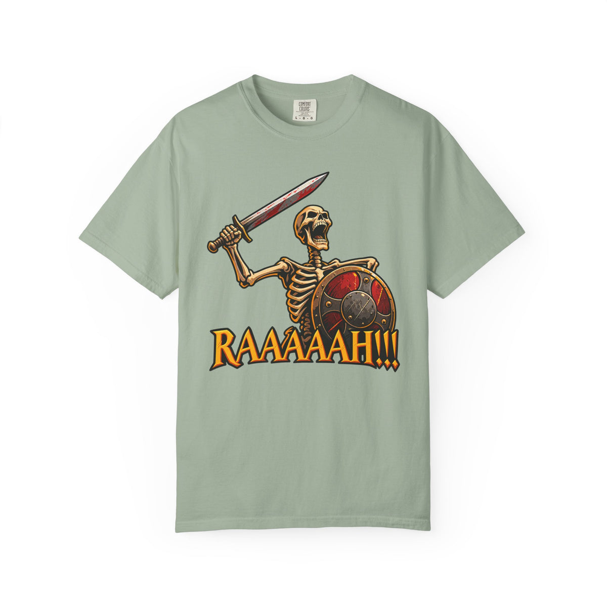 Skeleton Warrior T-Shirt — "RAAAAAH!!!" Sword & Shield Graphic