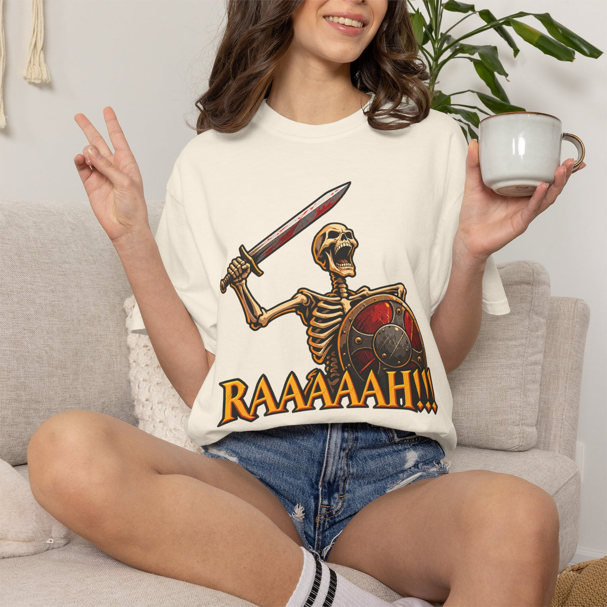 Skeleton Warrior T-Shirt — "RAAAAAH!!!" Sword & Shield Graphic