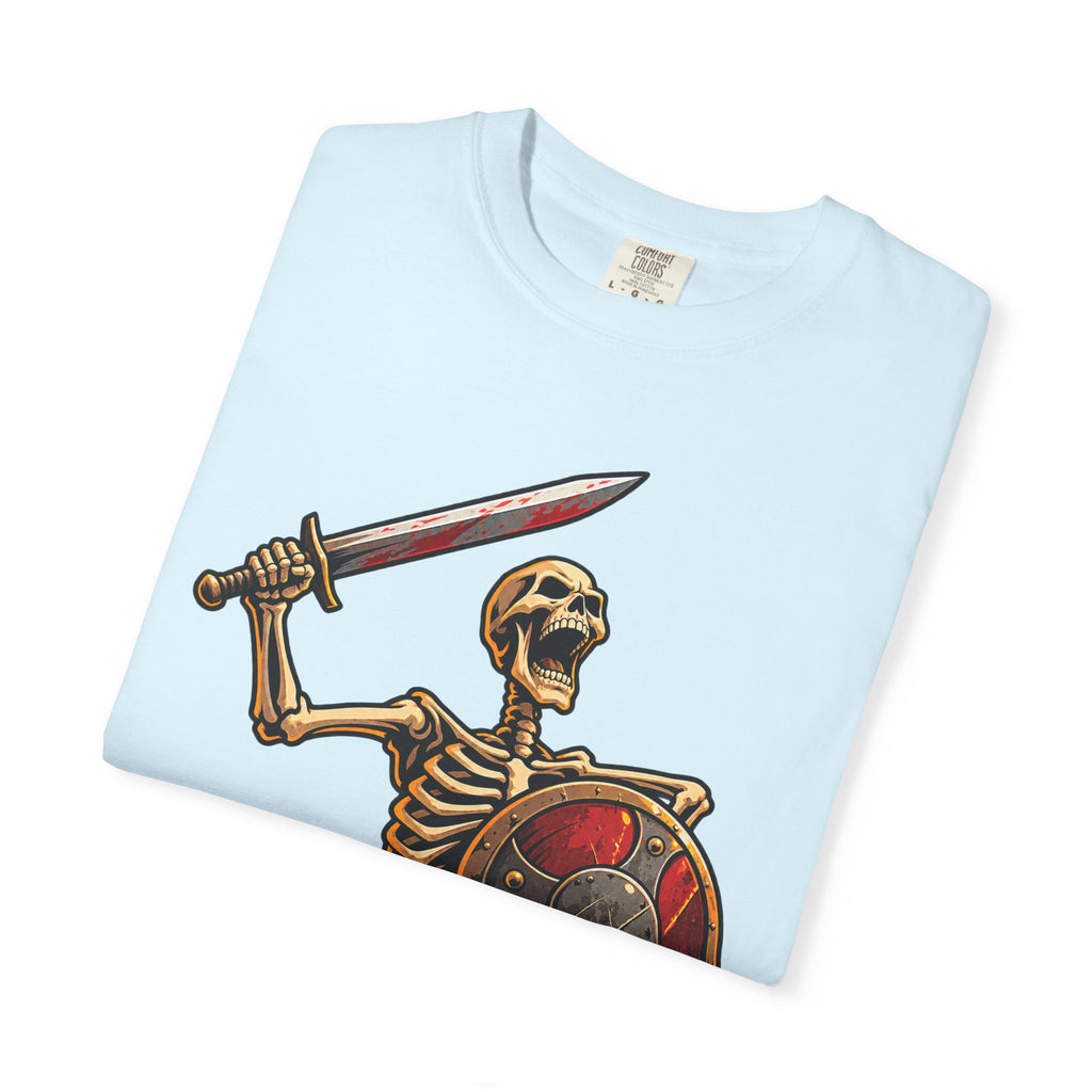 Skeleton Warrior T-Shirt — "RAAAAAH!!!" Sword & Shield Graphic