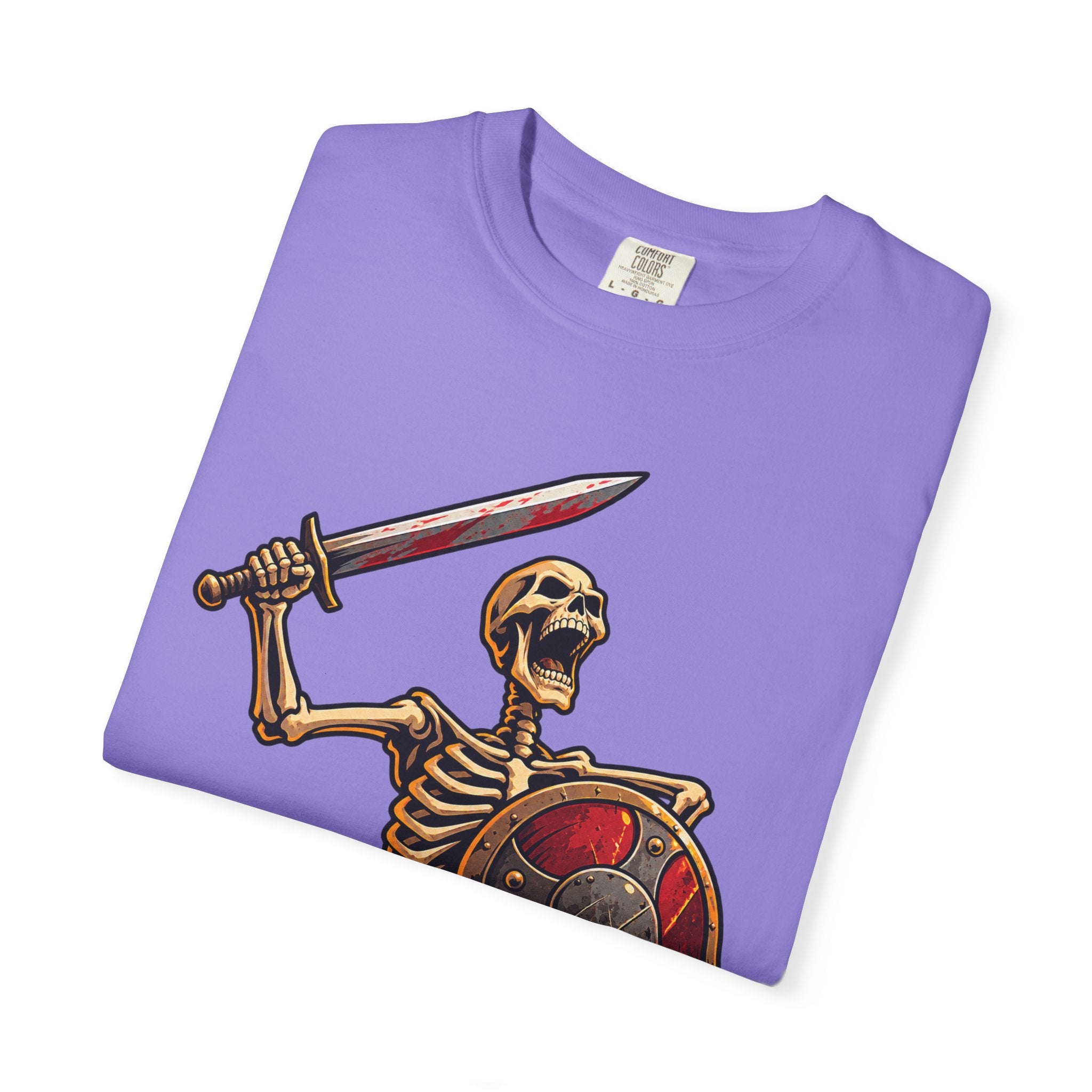 Skeleton Warrior T-Shirt — "RAAAAAH!!!" Sword & Shield Graphic