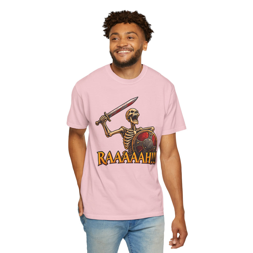 Skeleton Warrior T-Shirt — "RAAAAAH!!!" Sword & Shield Graphic