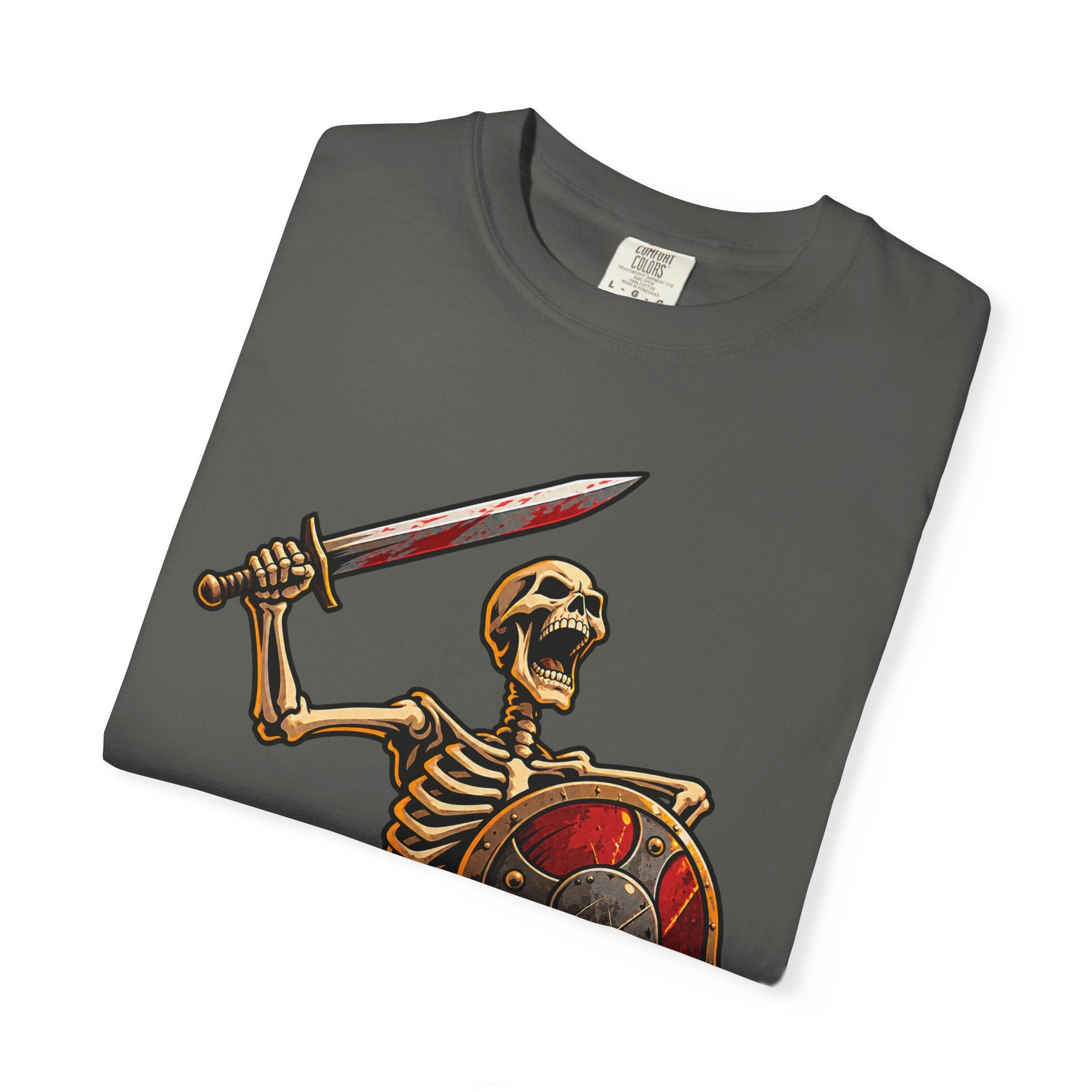 Skeleton Warrior T-Shirt — "RAAAAAH!!!" Sword & Shield Graphic
