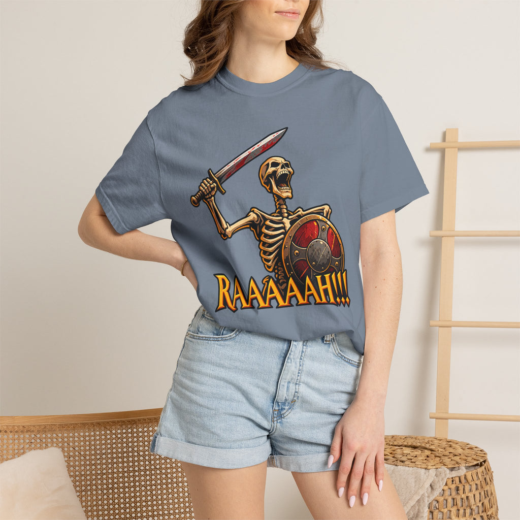 Skeleton Warrior T-Shirt — "RAAAAAH!!!" Sword & Shield Graphic