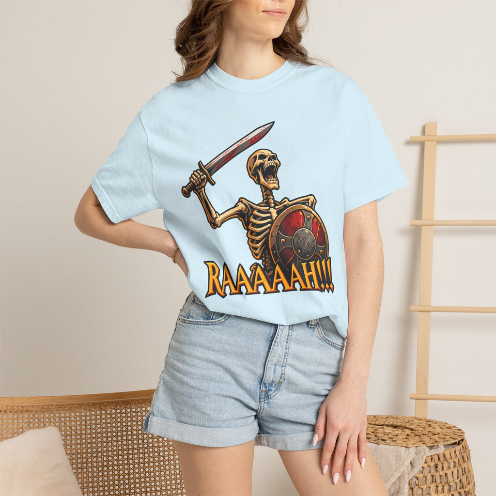 Skeleton Warrior T-Shirt — "RAAAAAH!!!" Sword & Shield Graphic