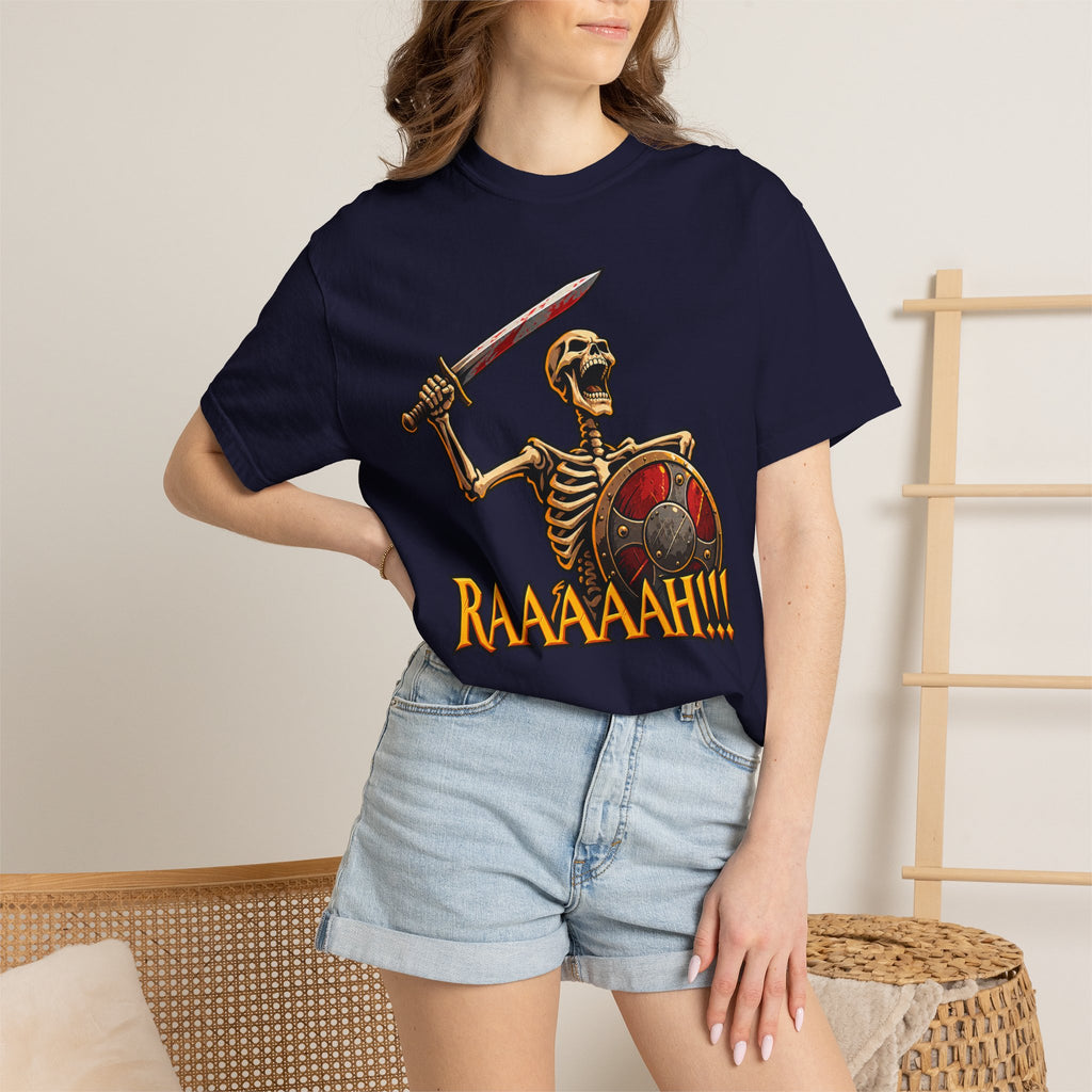 Skeleton Warrior T-Shirt — "RAAAAAH!!!" Sword & Shield Graphic