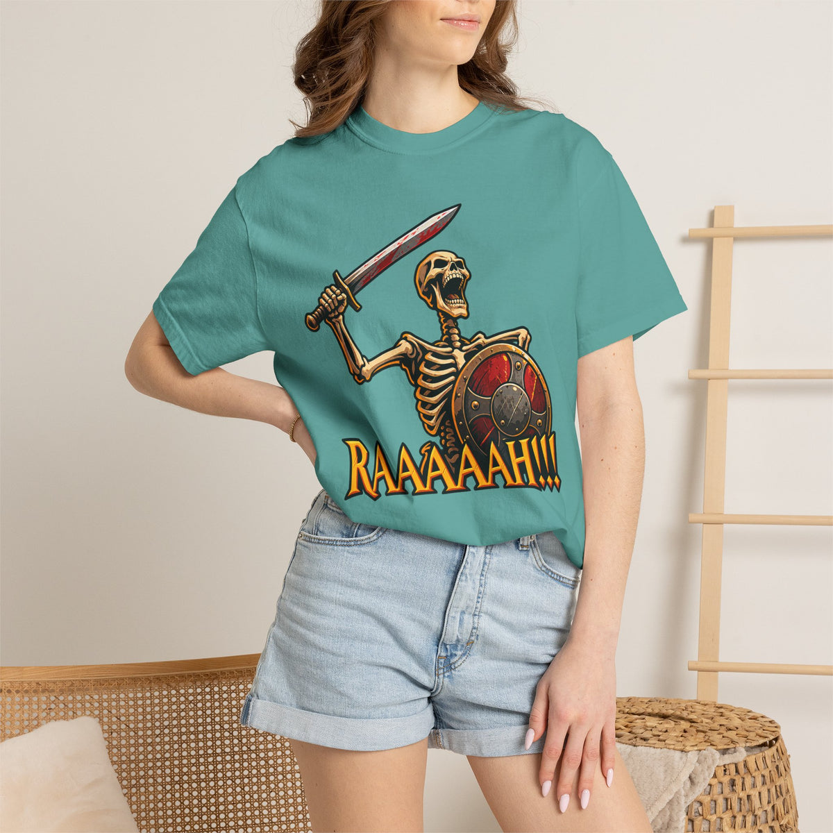 Skeleton Warrior T-Shirt — "RAAAAAH!!!" Sword & Shield Graphic