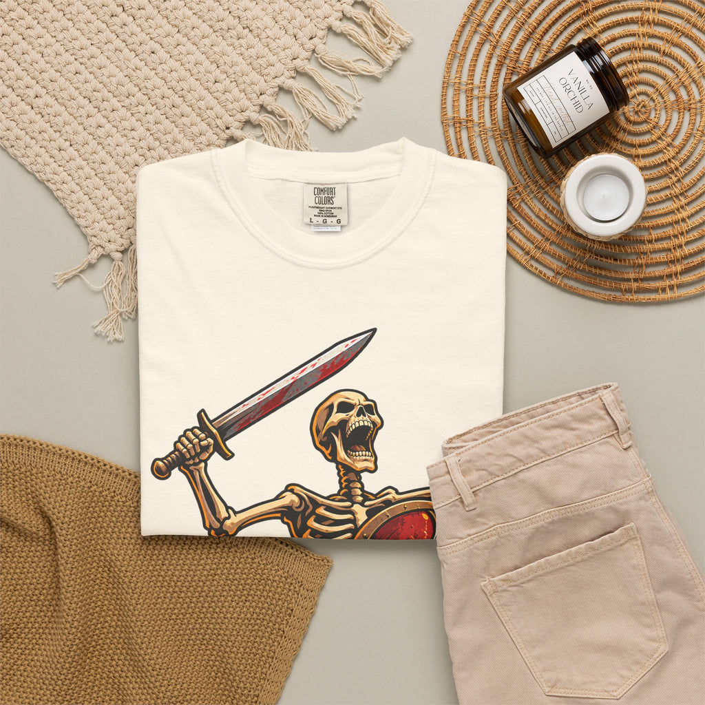 Skeleton Warrior T-Shirt — "RAAAAAH!!!" Sword & Shield Graphic