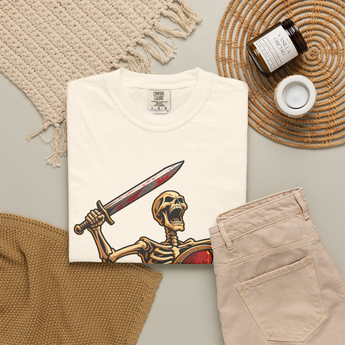 Skeleton Warrior T-Shirt — "RAAAAAH!!!" Sword & Shield Graphic