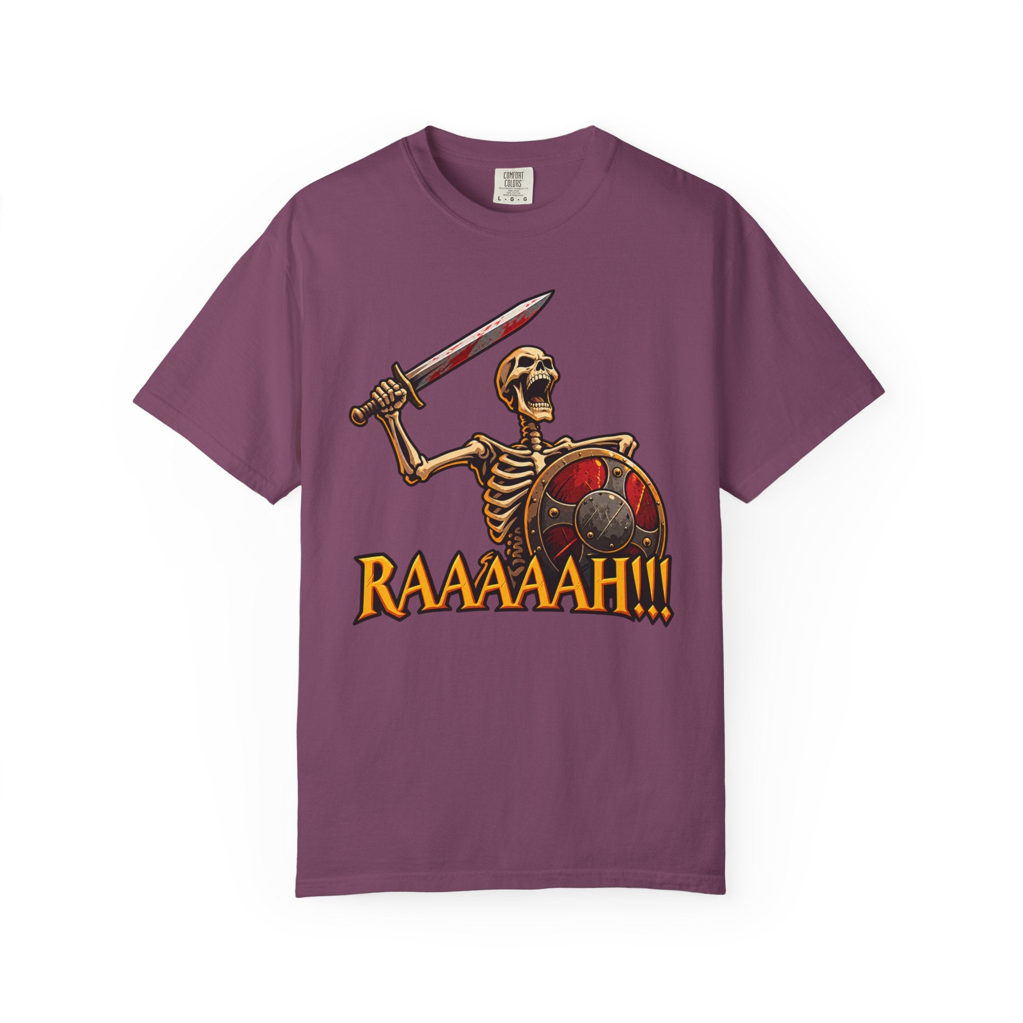 Skeleton Warrior T-Shirt — "RAAAAAH!!!" Sword & Shield Graphic