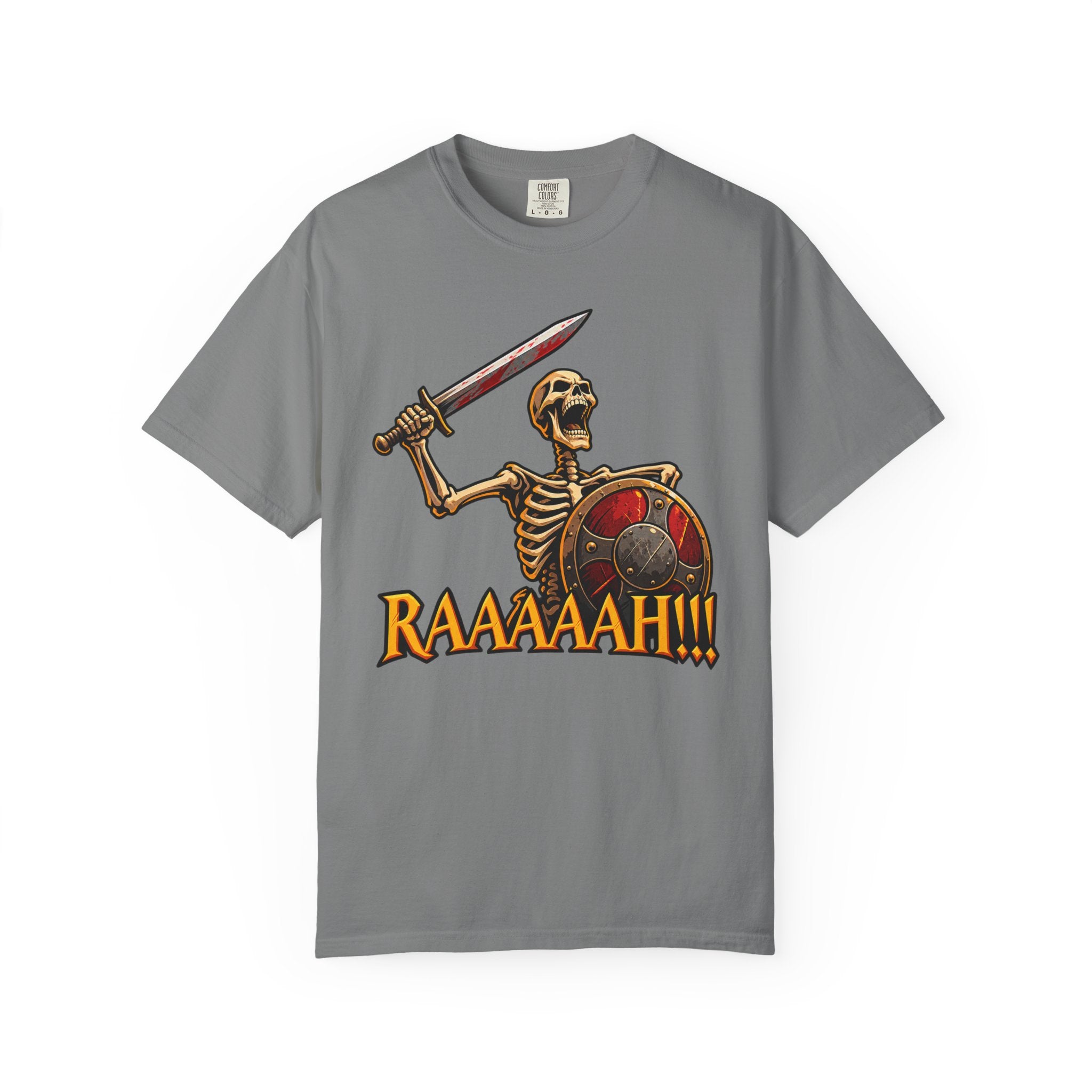 Skeleton Warrior T-Shirt — "RAAAAAH!!!" Sword & Shield Graphic