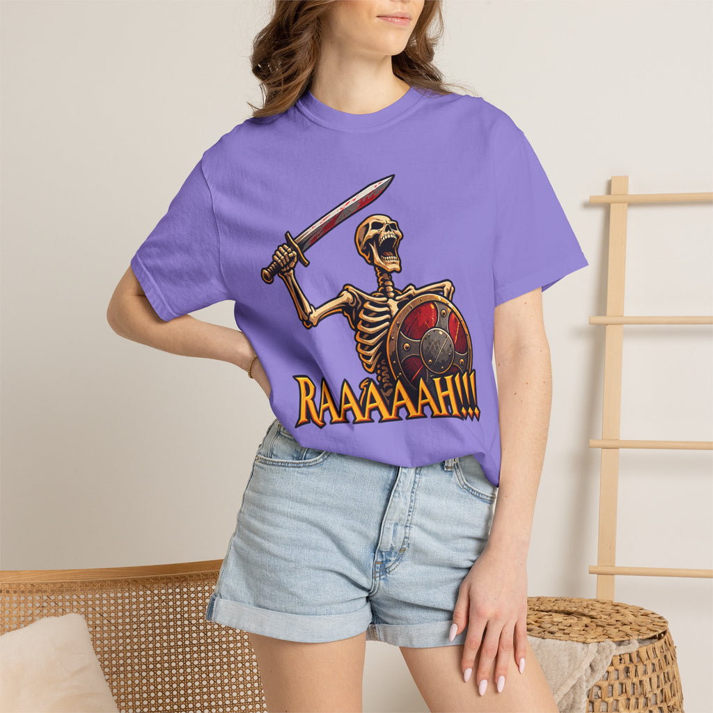 Skeleton Warrior T-Shirt — "RAAAAAH!!!" Sword & Shield Graphic