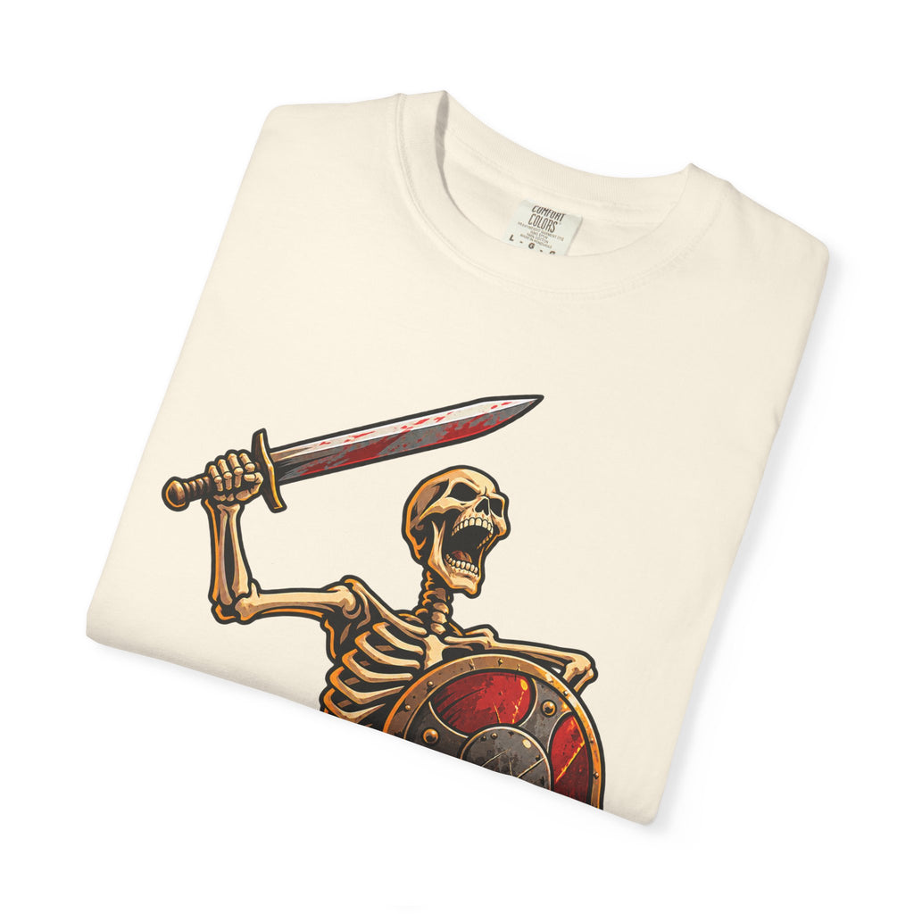 Skeleton Warrior T-Shirt — "RAAAAAH!!!" Sword & Shield Graphic