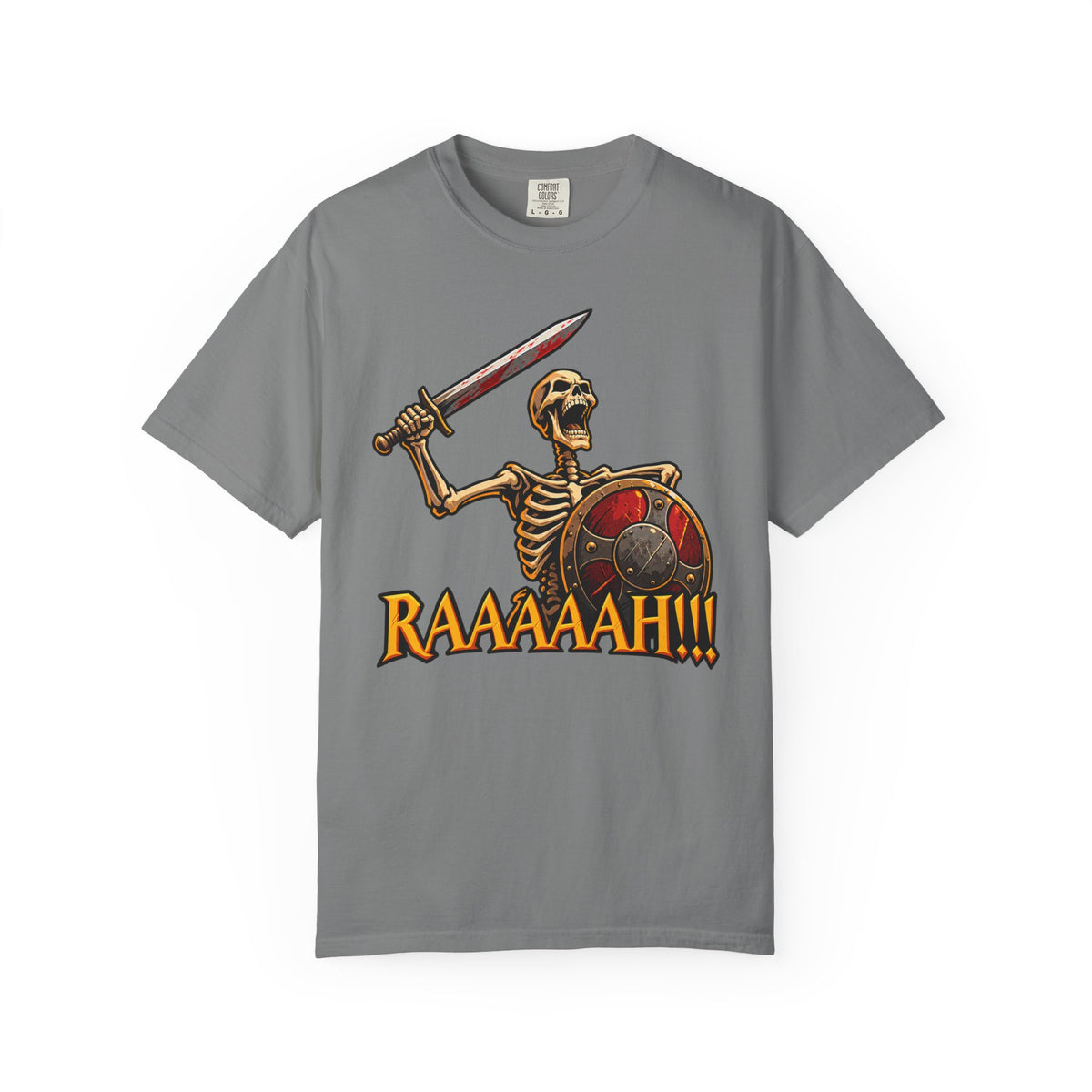 Skeleton Warrior T-Shirt — "RAAAAAH!!!" Sword & Shield Graphic