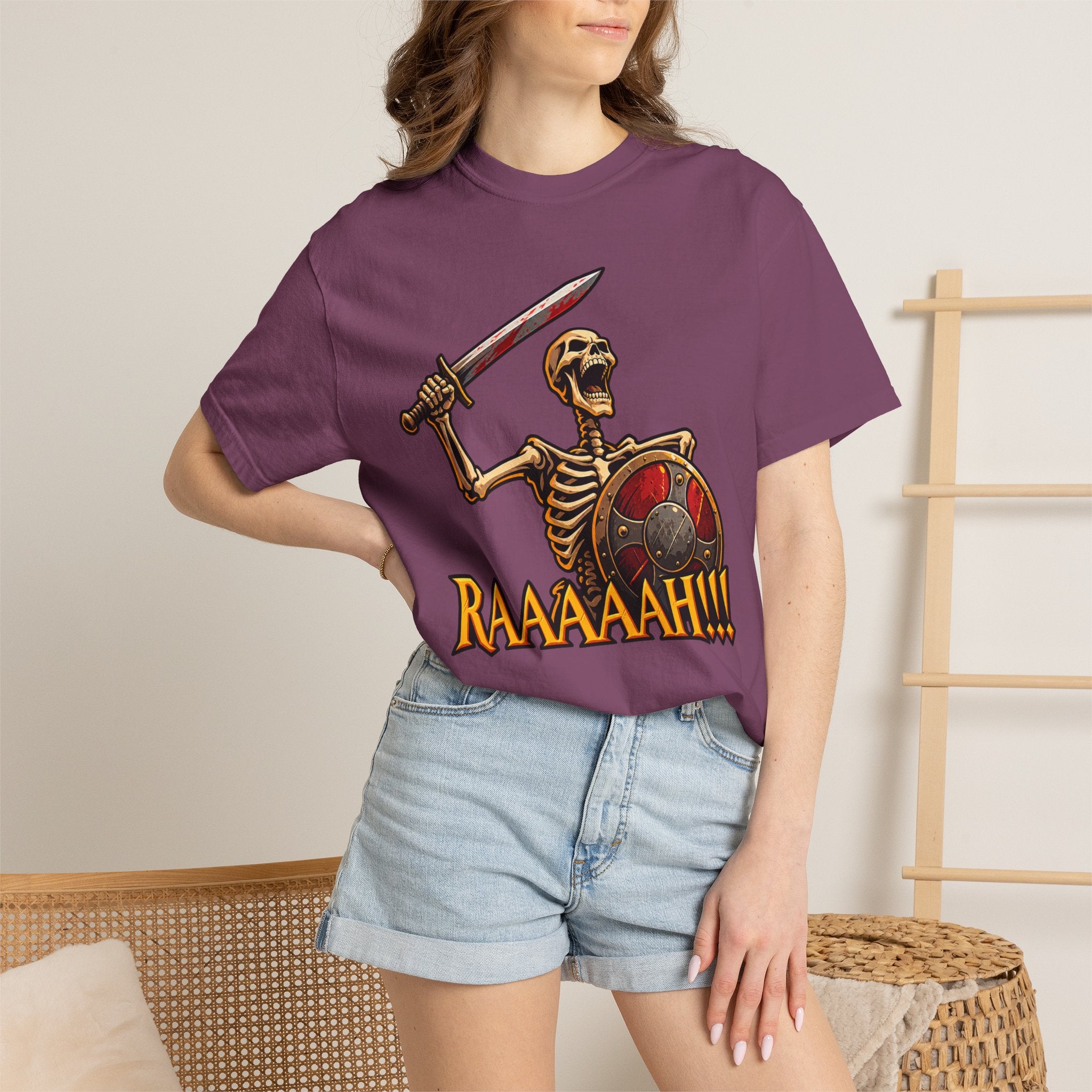 Skeleton Warrior T-Shirt — "RAAAAAH!!!" Sword & Shield Graphic