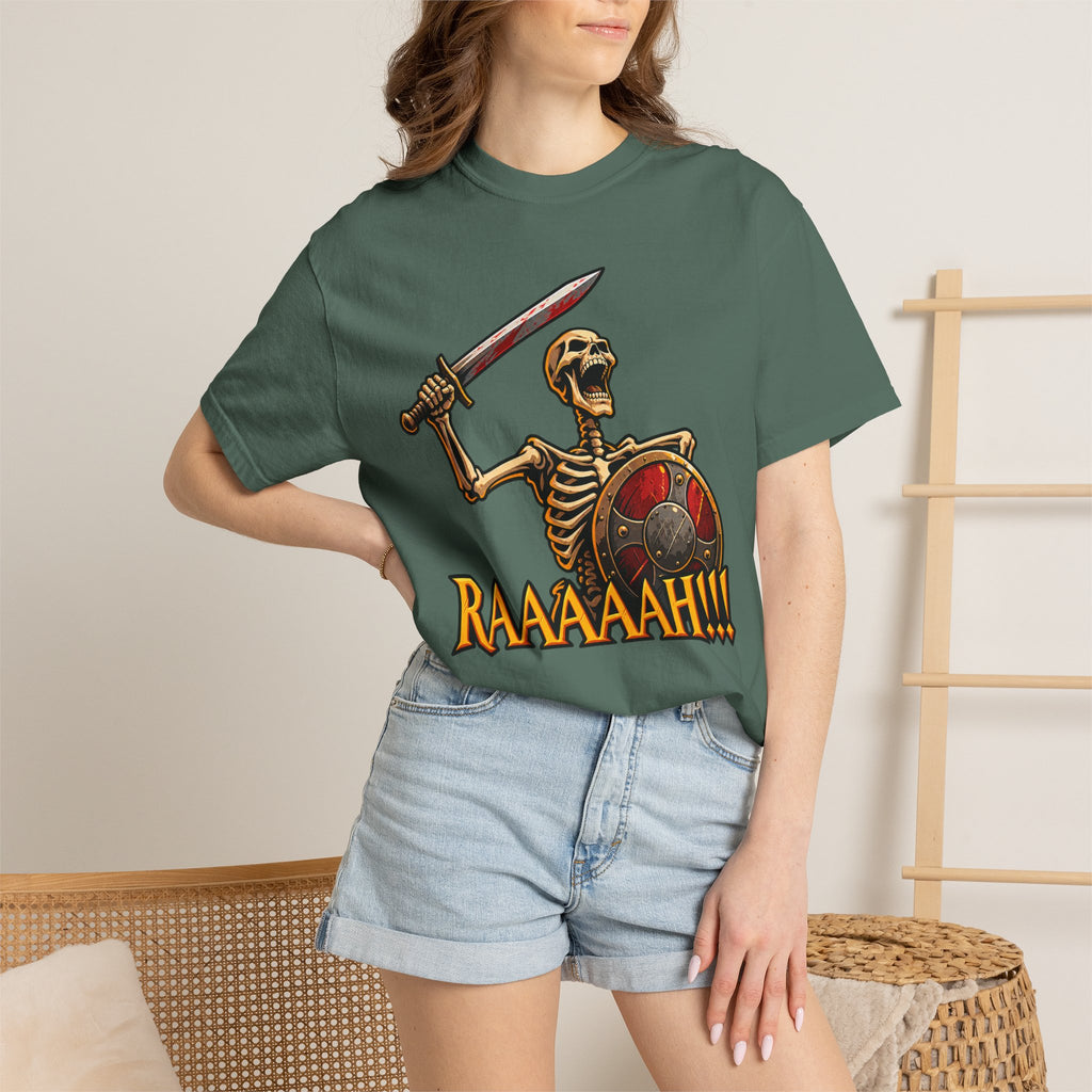Skeleton Warrior T-Shirt — "RAAAAAH!!!" Sword & Shield Graphic