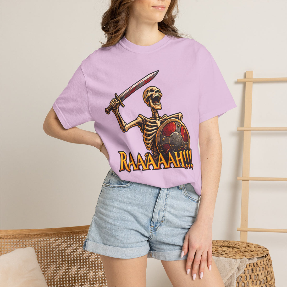 Skeleton Warrior T-Shirt — "RAAAAAH!!!" Sword & Shield Graphic