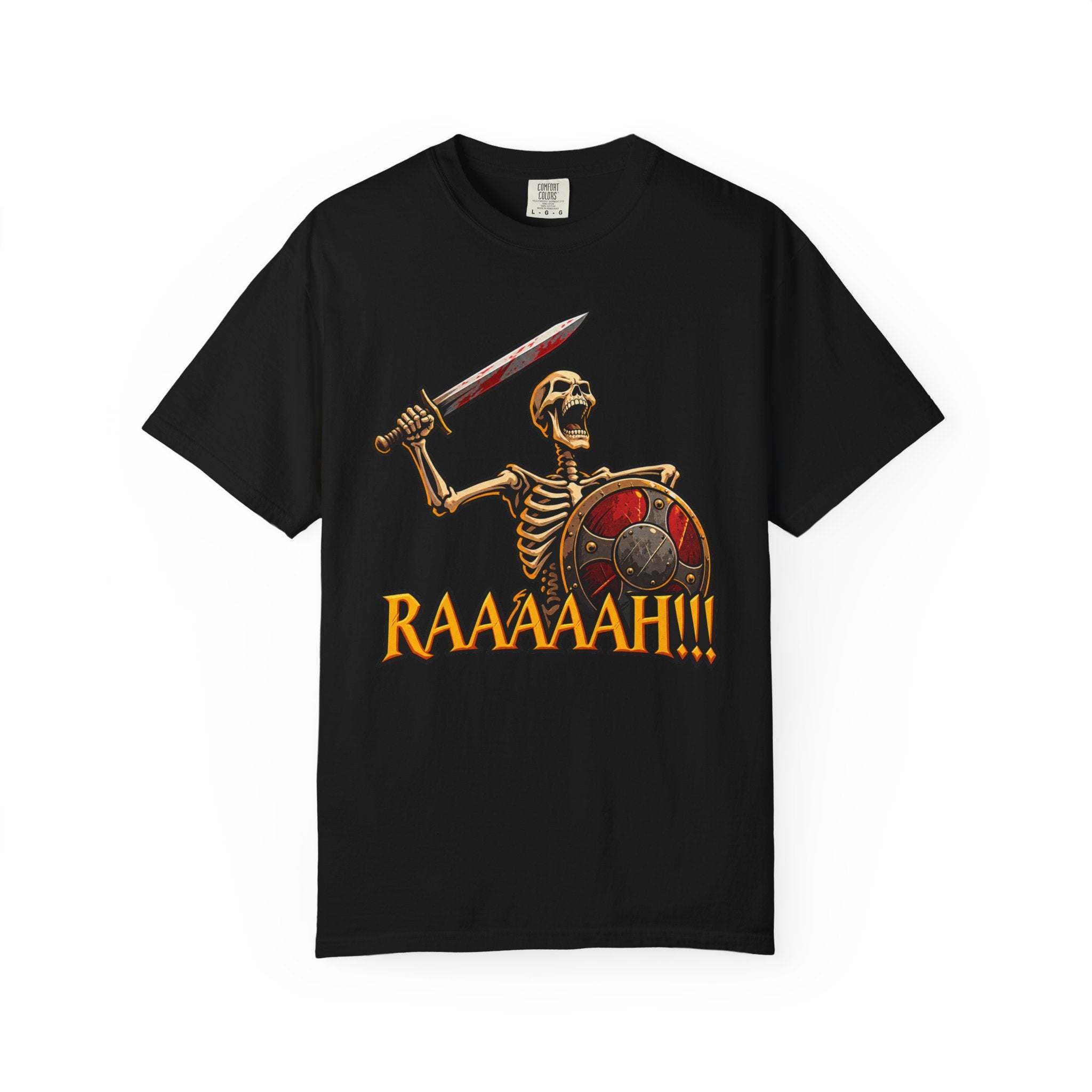 Skeleton Warrior T-Shirt — "RAAAAAH!!!" Sword & Shield Graphic