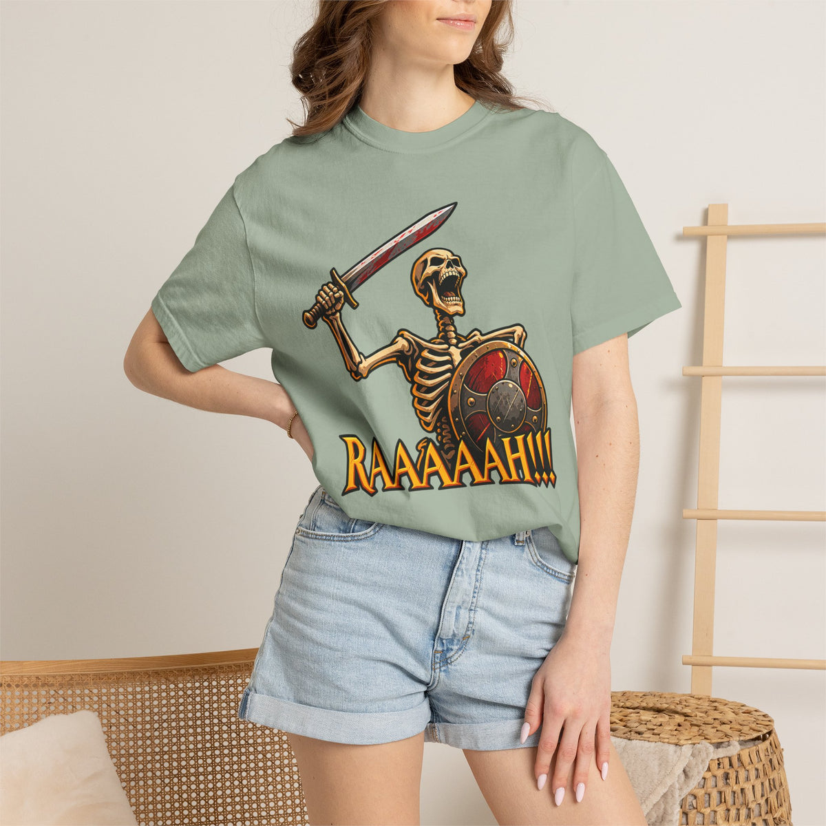 Skeleton Warrior T-Shirt — "RAAAAAH!!!" Sword & Shield Graphic