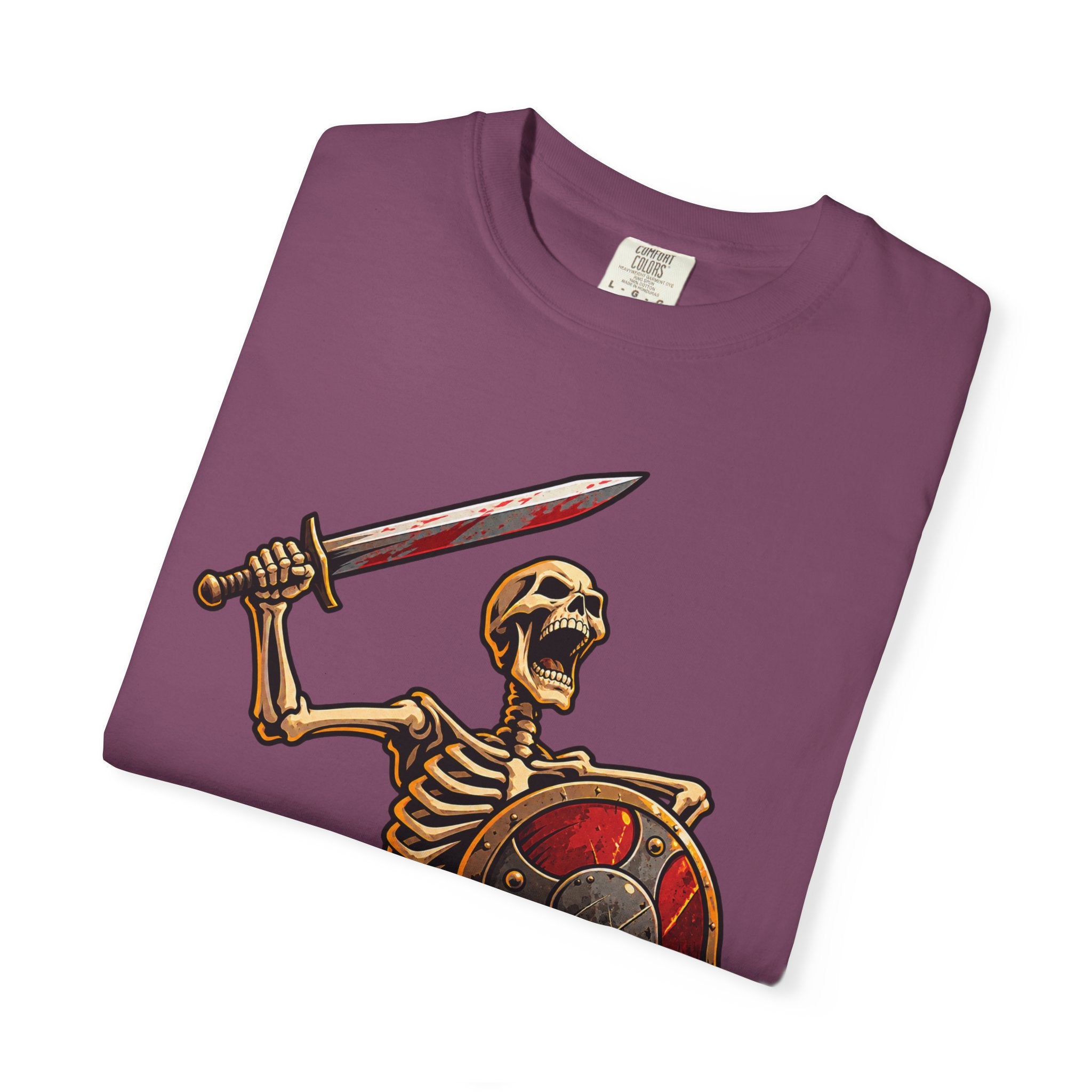 Skeleton Warrior T-Shirt — "RAAAAAH!!!" Sword & Shield Graphic