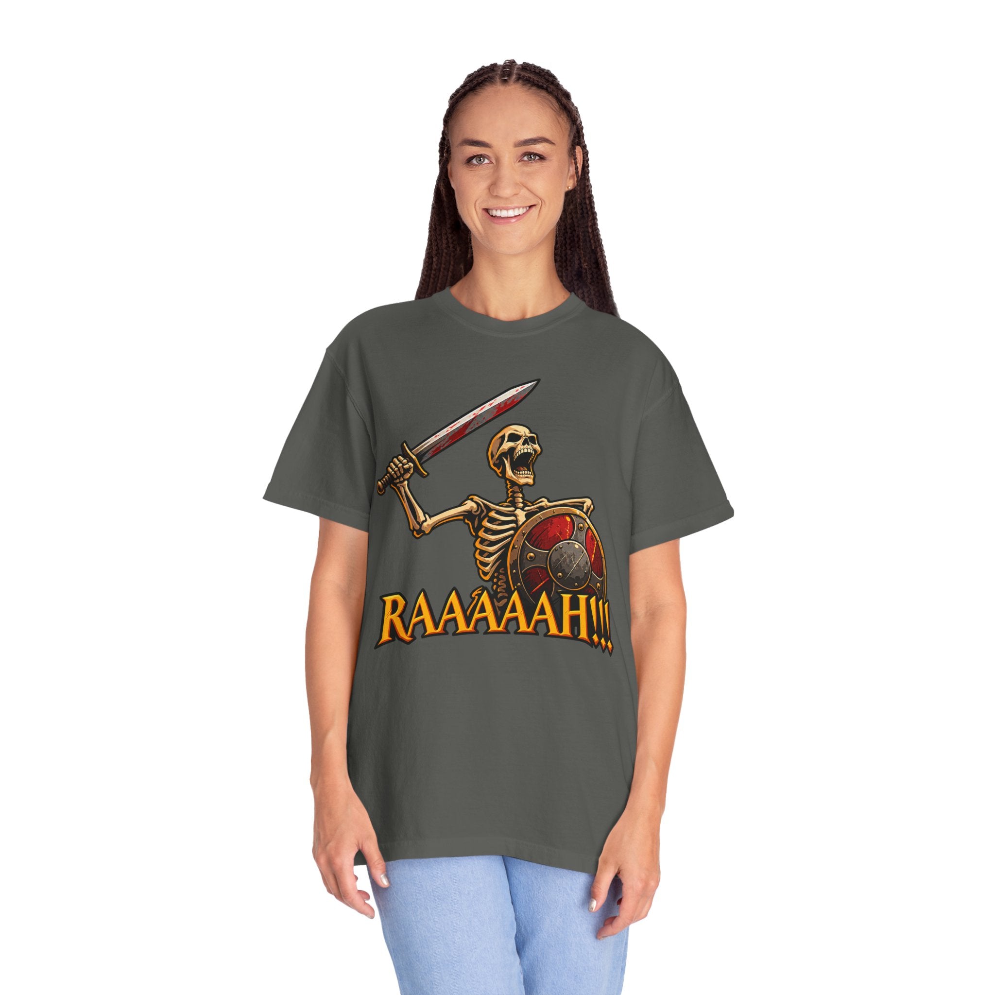 Skeleton Warrior T-Shirt — "RAAAAAH!!!" Sword & Shield Graphic