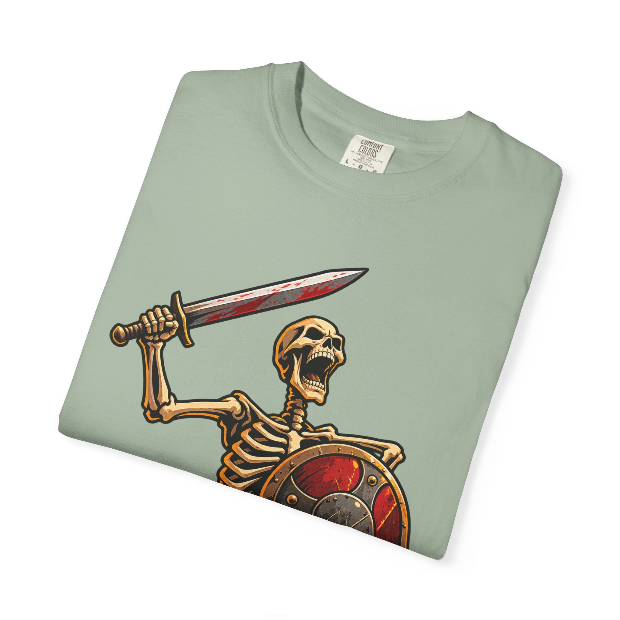 Skeleton Warrior T-Shirt — "RAAAAAH!!!" Sword & Shield Graphic