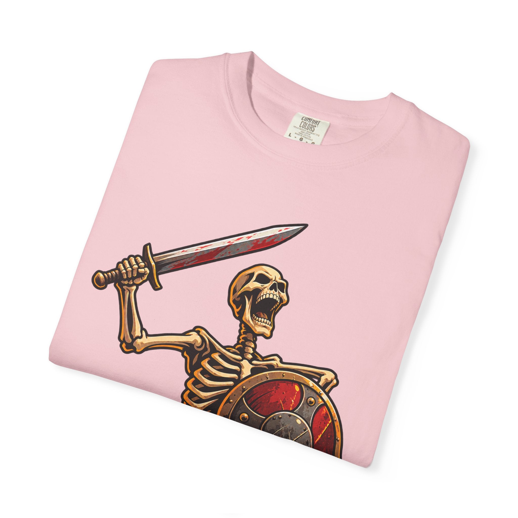 Skeleton Warrior T-Shirt — "RAAAAAH!!!" Sword & Shield Graphic